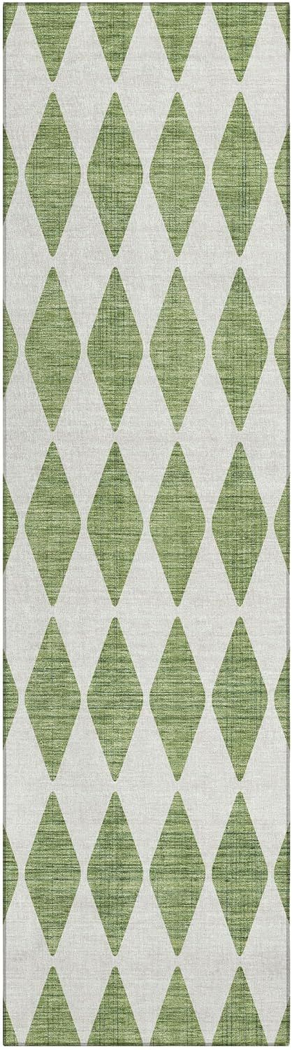 Green and White Diamond Pattern Washable Runner Rug