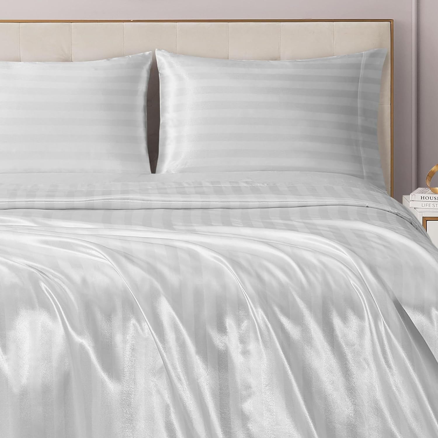Brilliant White Satin Damask Twin XL Microfiber Sheet Set