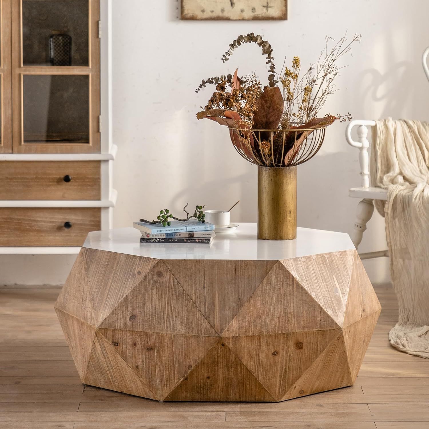 38'' White and Natural Geometric Wood Coffee Table