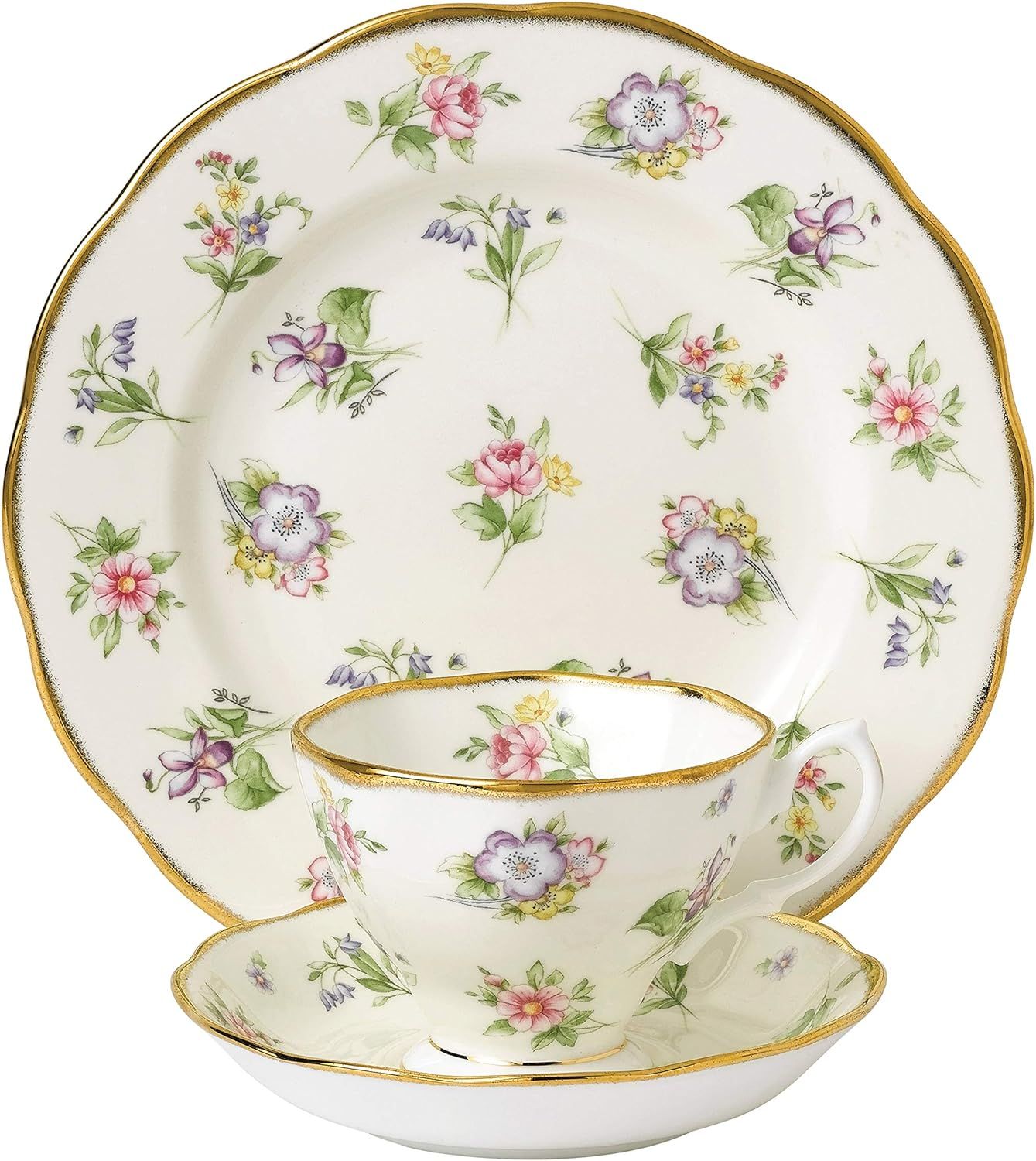 Spring Meadow Floral Porcelain Teacup, Saucer, and Plate Set