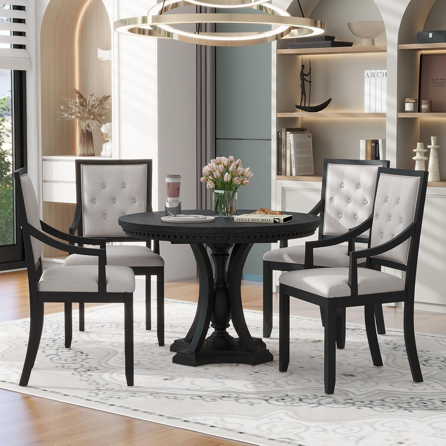 Black and Gray Extendable Round Dining Table Set with Cushioned Chairs