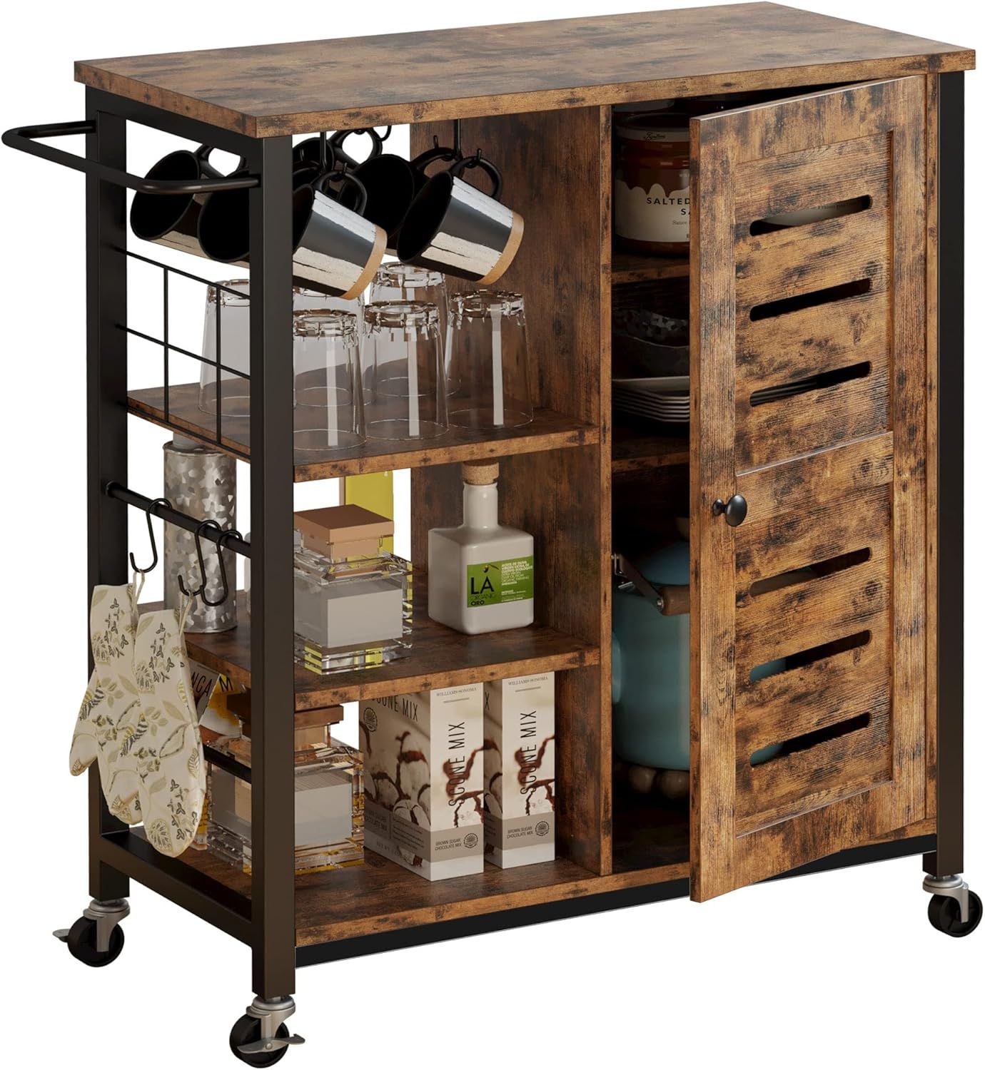 Industrial Brown Wood Kitchen Cart with Storage and Wheels