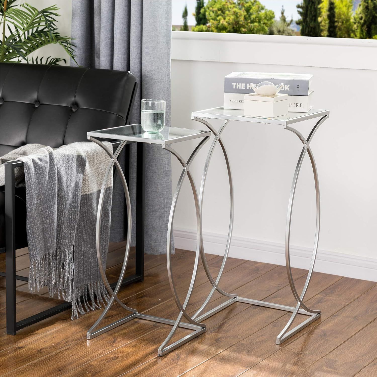 Silver Metal and Glass Nesting Side Tables Set