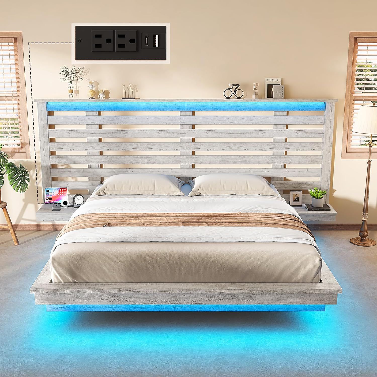 Distressed White Queen Floating Bed Frame with LED and Charging Station