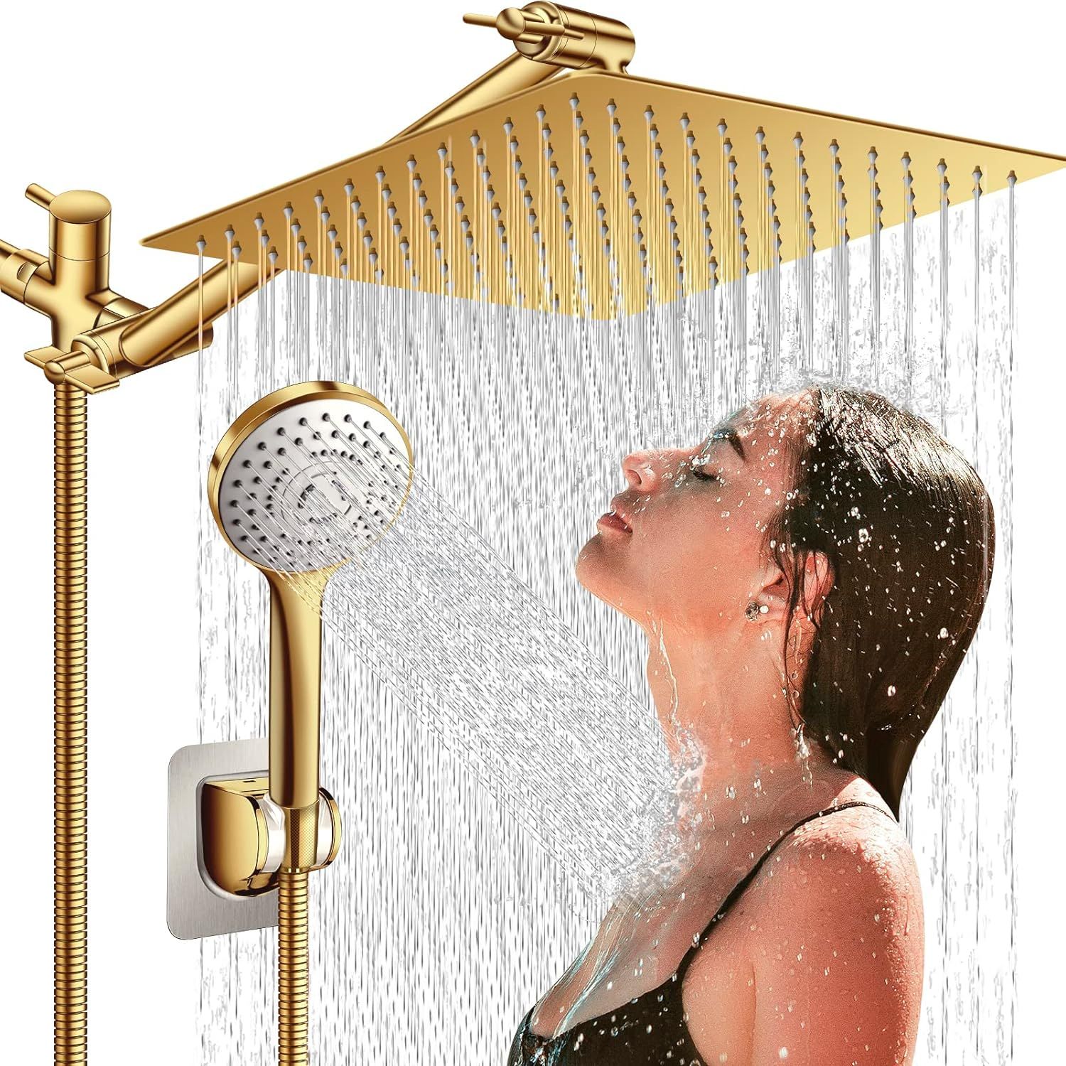 Gold 12'' Square Rainfall Shower Head with Handheld Combo