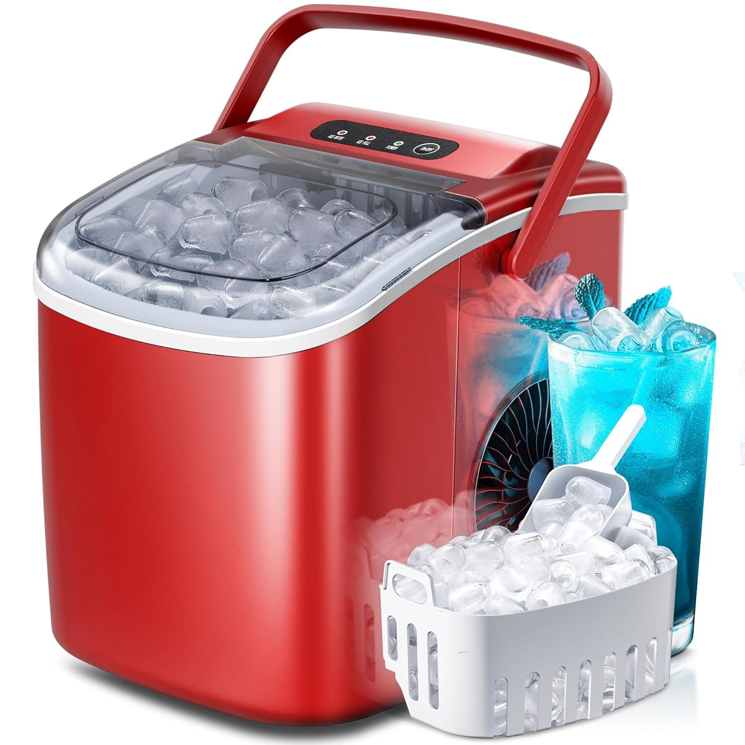 Red Portable Countertop Ice Maker with Handle and Self-Cleaning Function