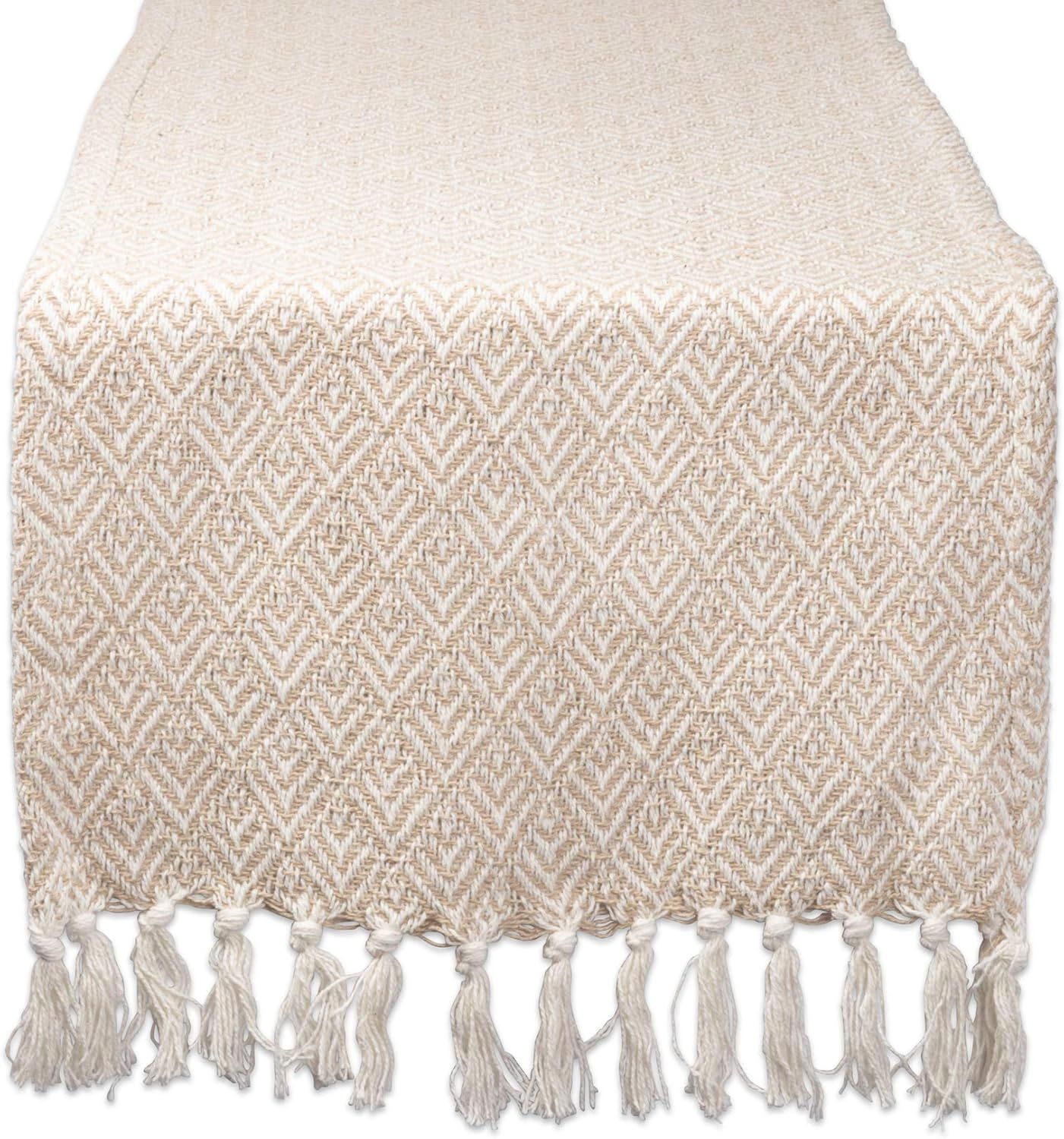 Stone Diamond Cotton Table Runner with Fringe, 15 x 72 Inches