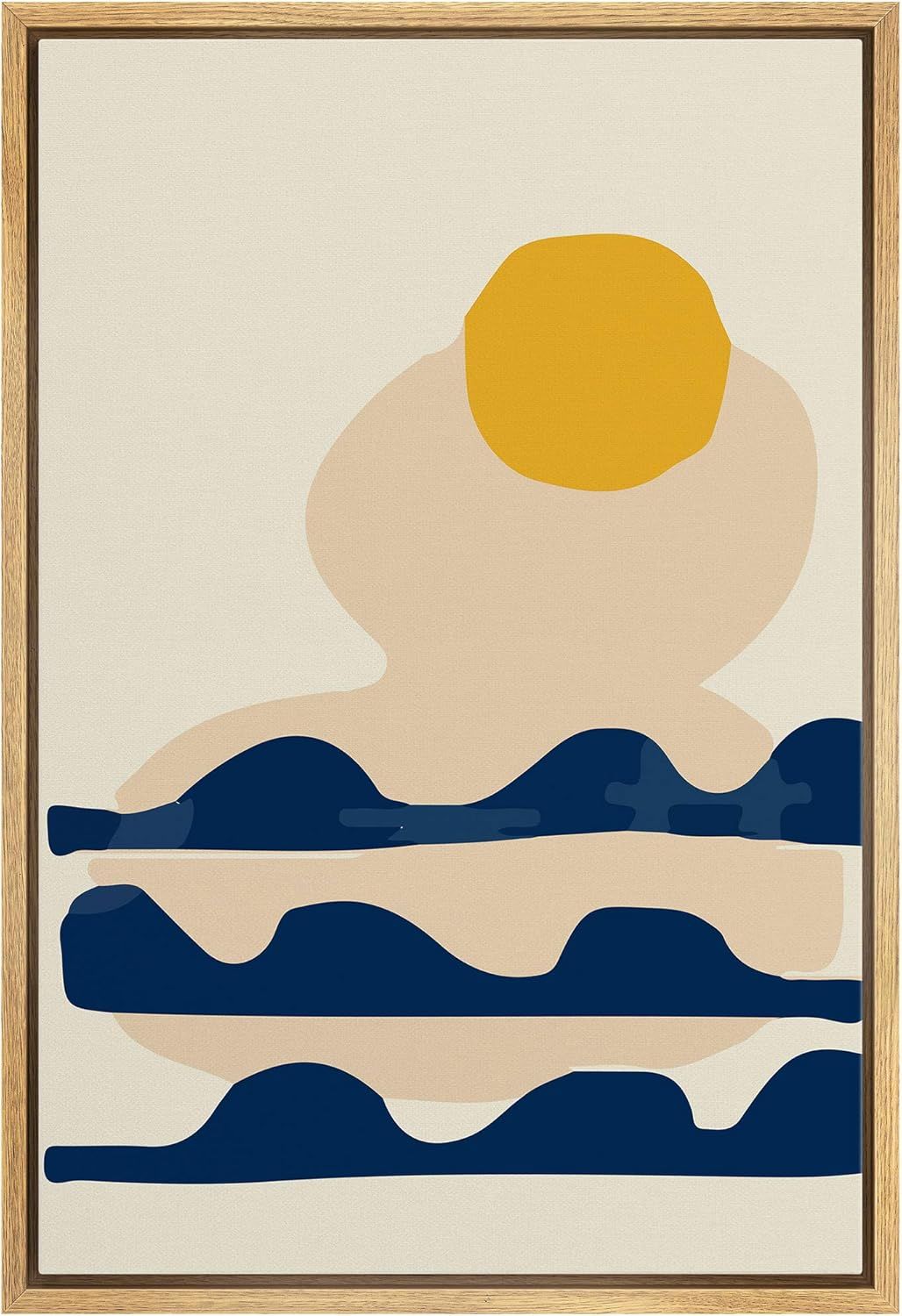 Yellow Sun Over Blue Waves Abstract Framed Canvas Print