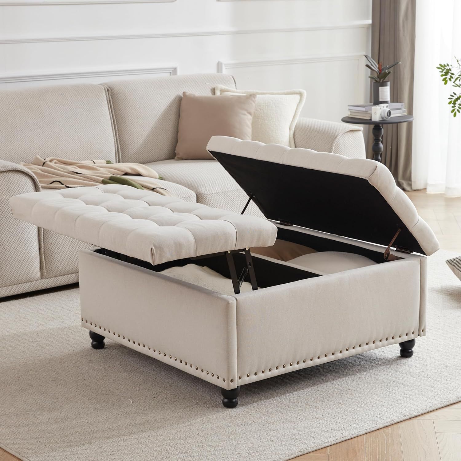 Beige Tufted Upholstered Square Storage Ottoman Bench