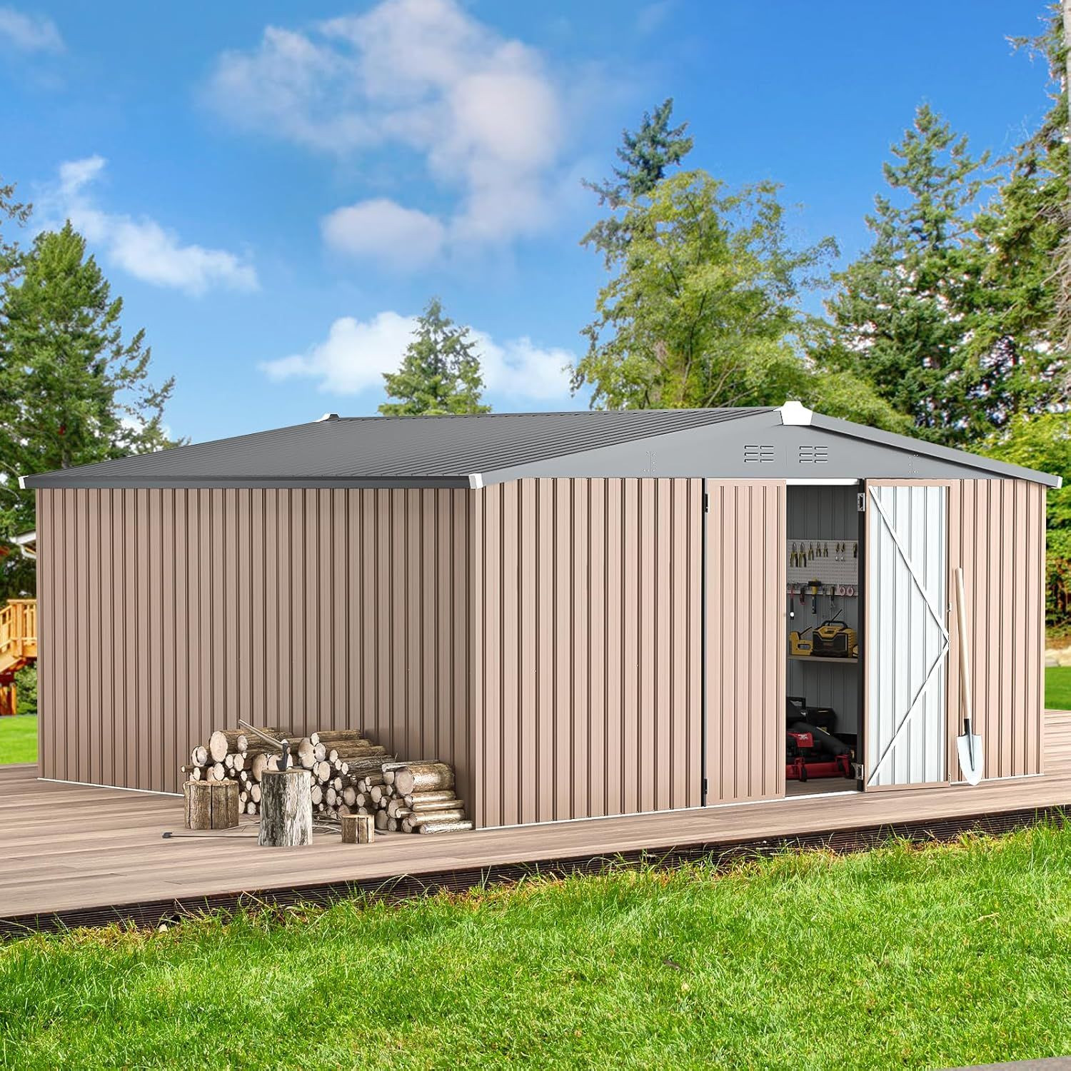 Taupe Large Metal Outdoor Storage Shed with Lockable Doors