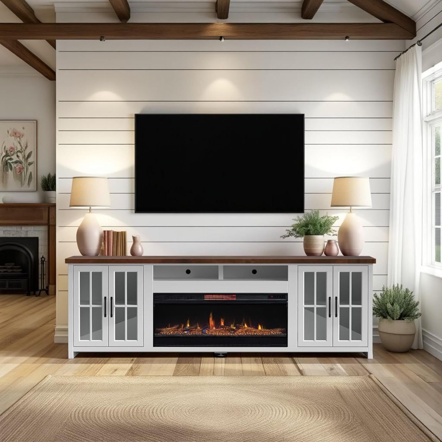 Hampton 97" White Wood Fireplace TV Stand with Cabinets