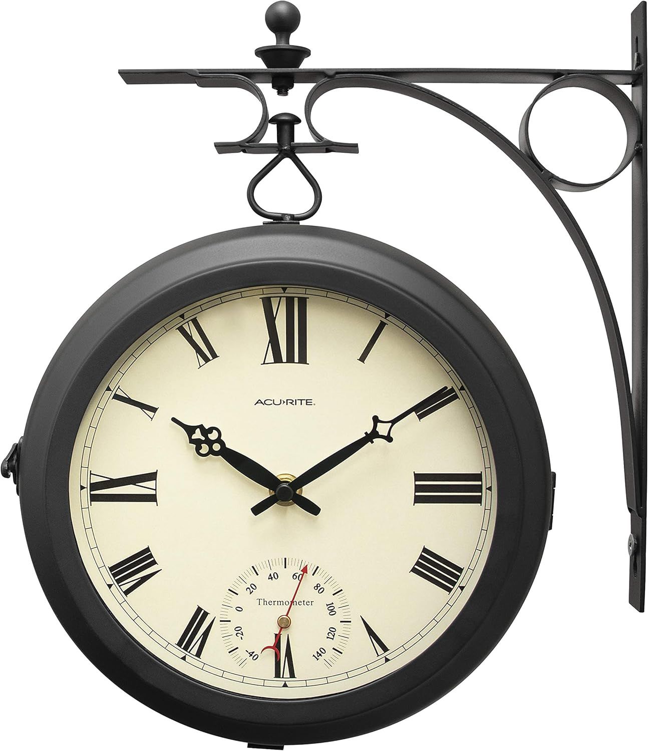 AcuRite 9-Inch Black Iron Double-Sided Hanging Clock with Thermometer