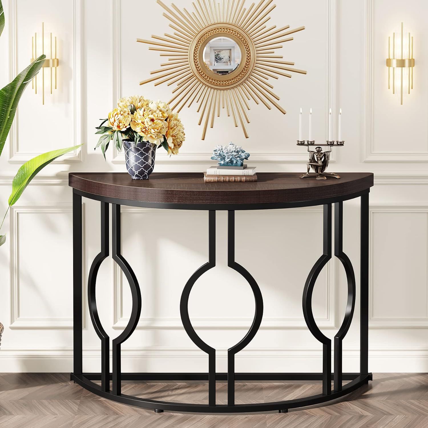 Rustic Brown and Black Demilune Wood and Metal Console Table