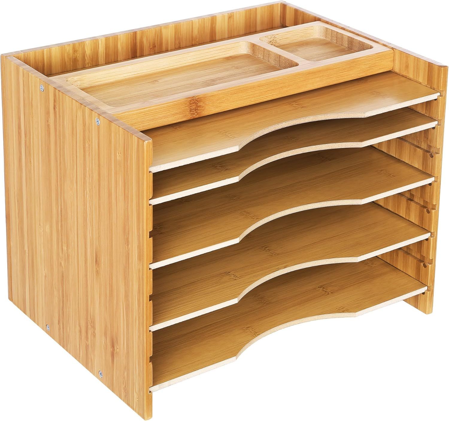 Natural Bamboo Adjustable 5-Tier File Organizer with Top Compartments