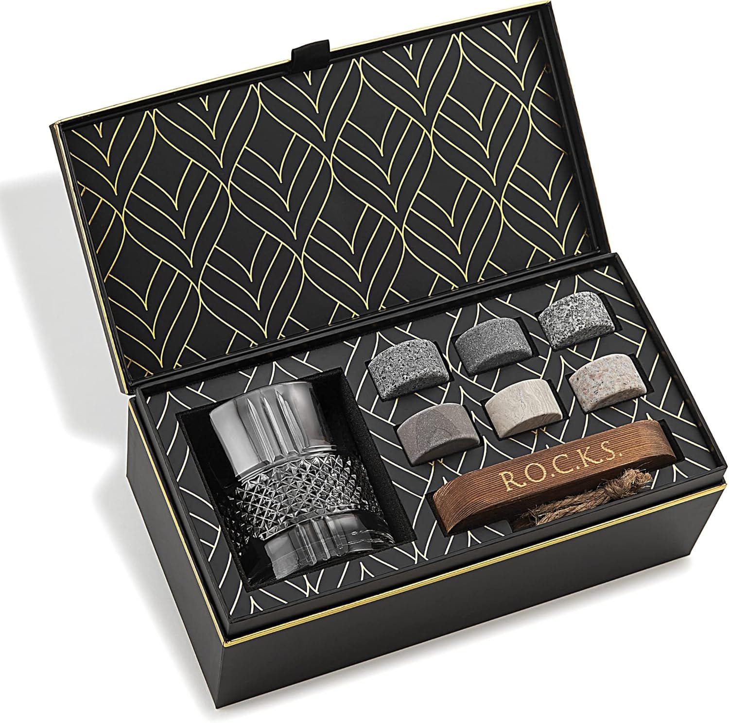 Granite Whiskey Stones and Crystal Glass Gift Set with Hardwood Tray