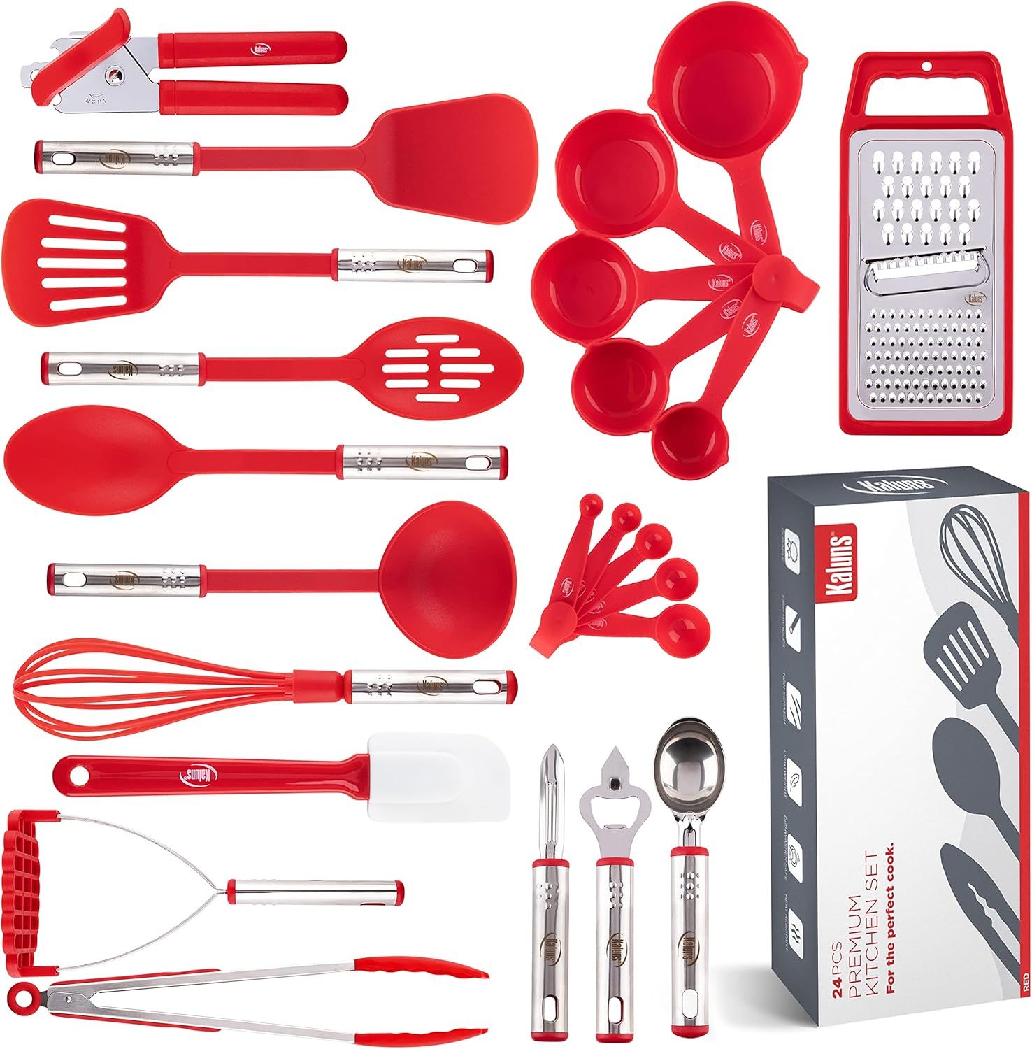 24-Piece Red Nylon and Stainless Steel Kitchen Utensil Set