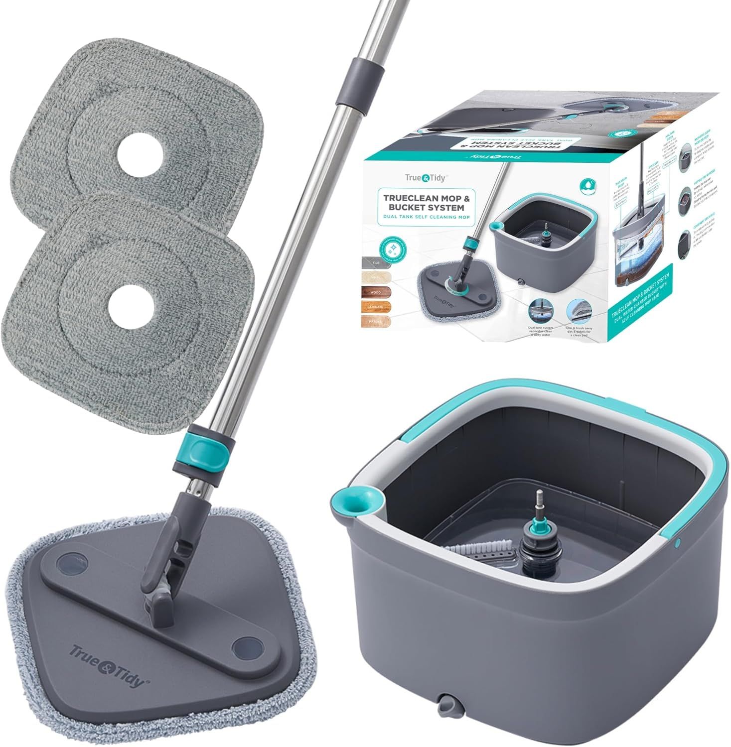 Adjustable Stainless Steel Microfiber Flat Mop with Dual Compartment Bucket