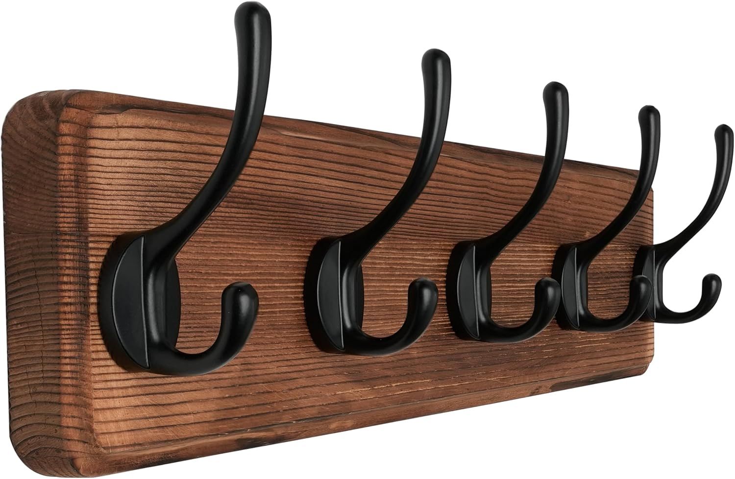 Rustic Distressed Pine Wall Mounted Coat Rack with Black Hooks