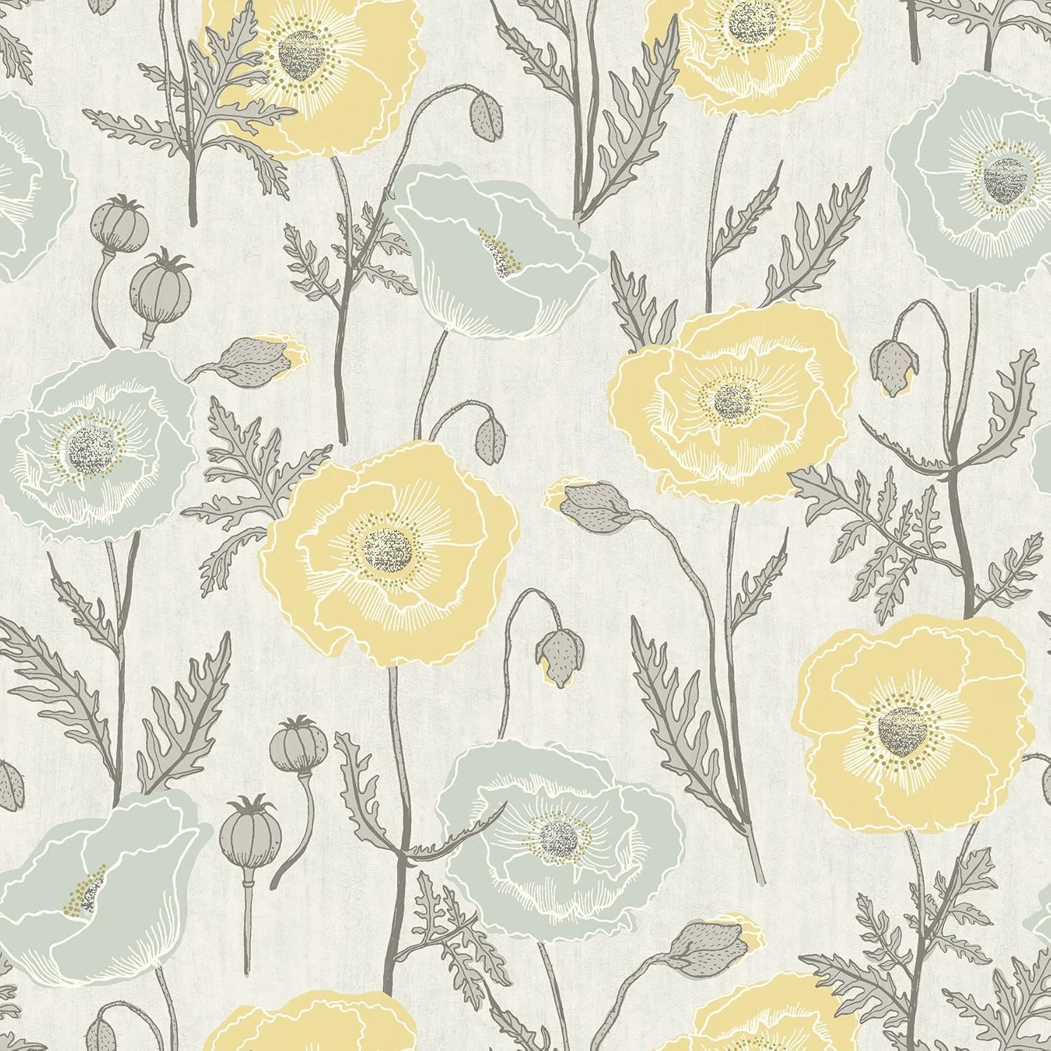 Aqua and Yellow Poppy Field Peel and Stick Wallpaper