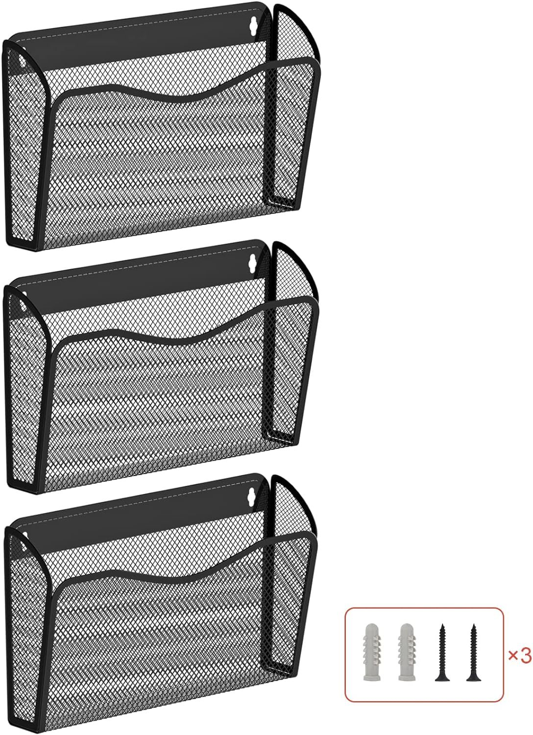 Black Metal Mesh 3-Pocket Wall File Organizer