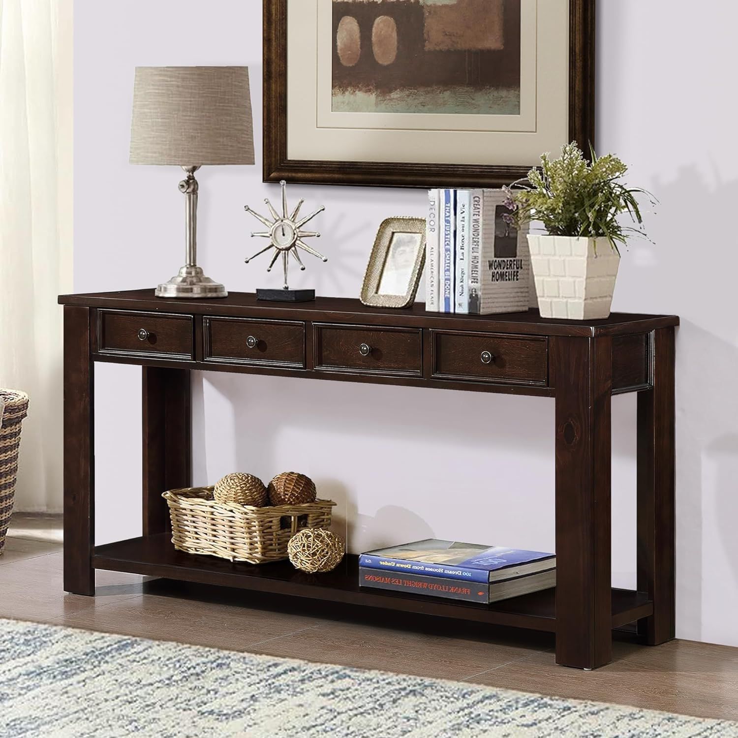 Espresso Pine Wood Console Table with Storage Drawers and Shelf