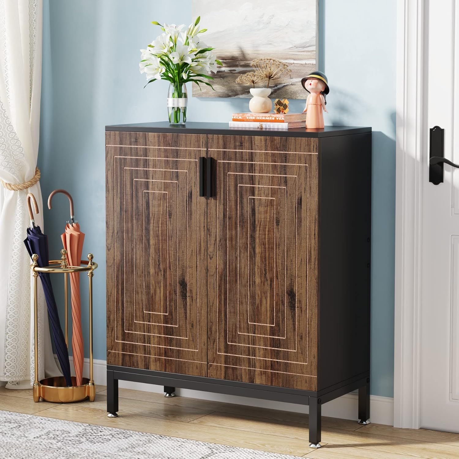 Brown and Black 5-Tier Wood Shoe Cabinet with Doors