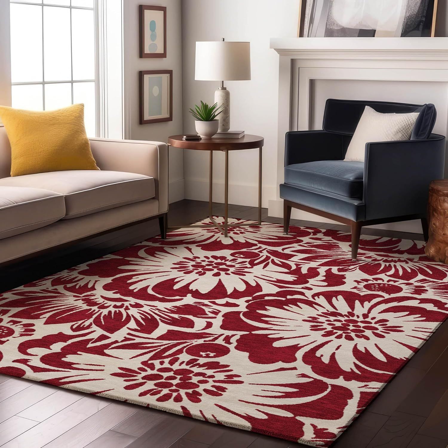 Burgundy Floral Rectangular Washable Synthetic Rug 3' x 5'