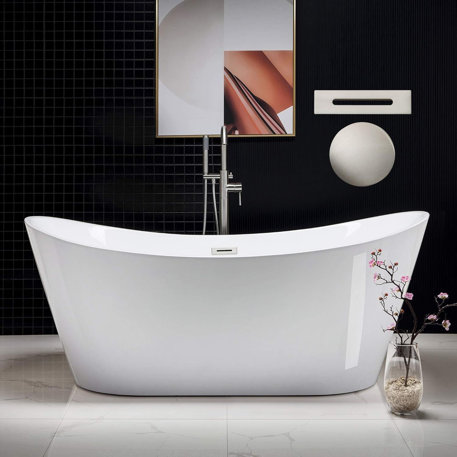 71'' White Acrylic Freestanding Soaking Bathtub with Brushed Nickel Drain