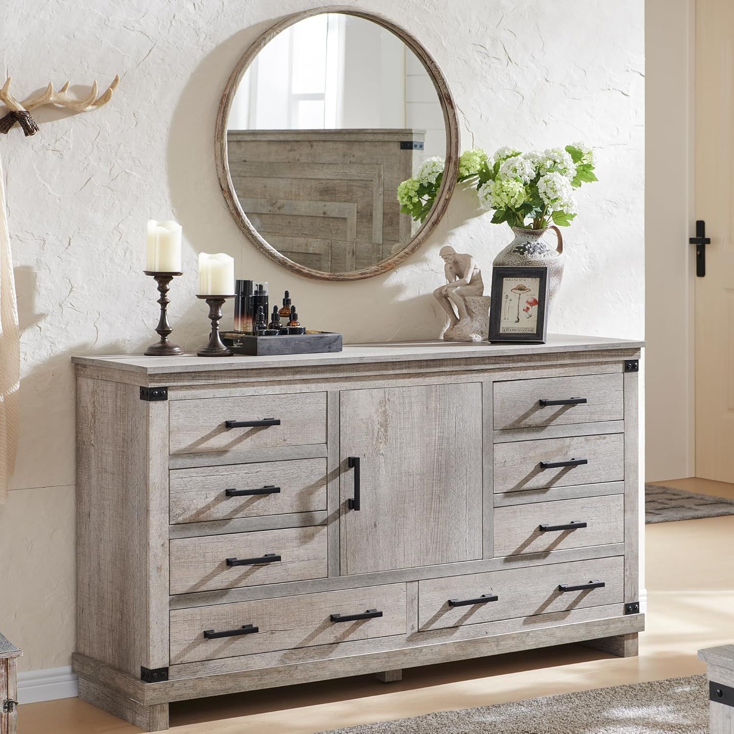 Light Rustic Oak Farmhouse 8-Drawer Dresser with Metal Accents