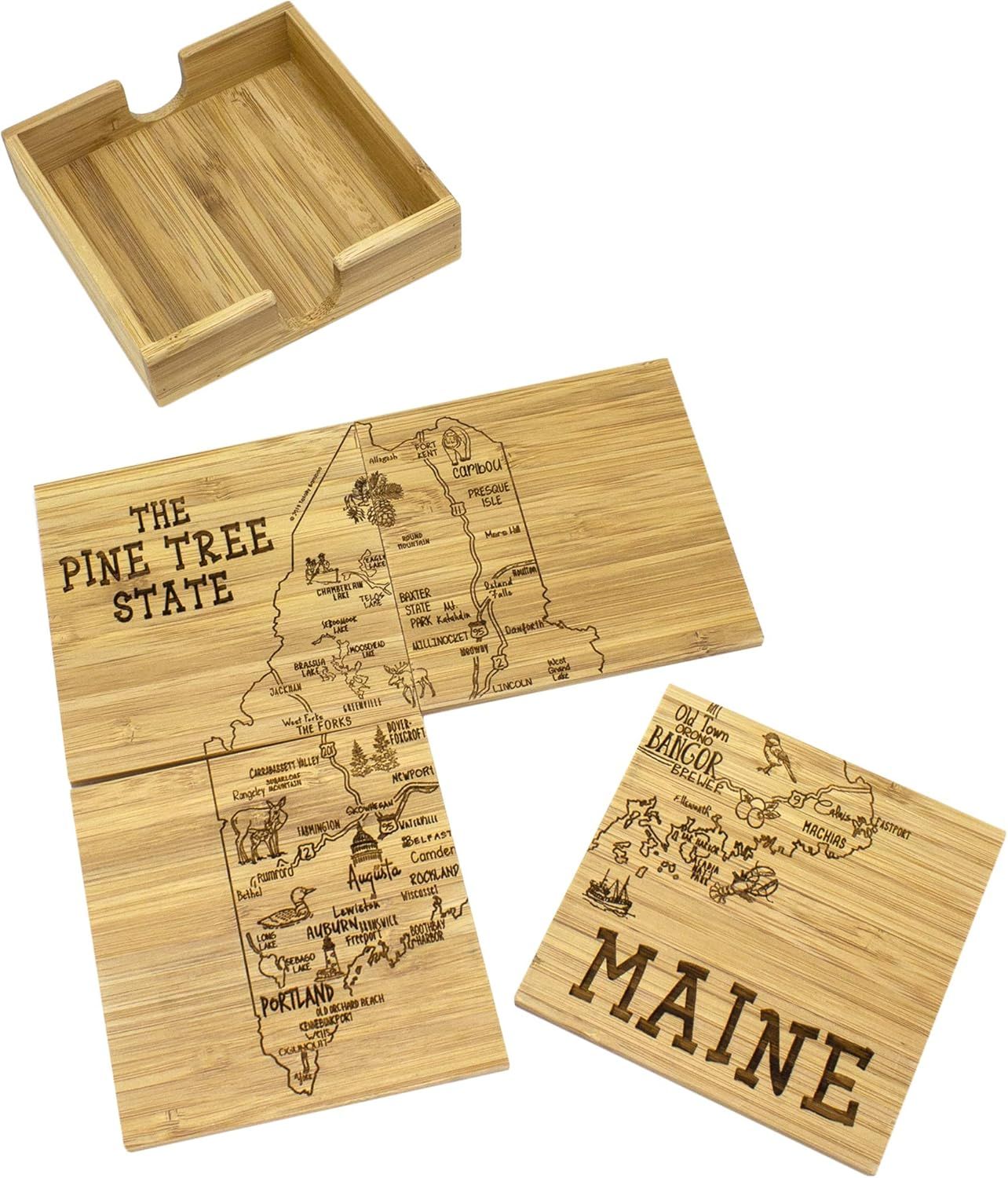 Maine State Bamboo Puzzle Coaster Set with Case