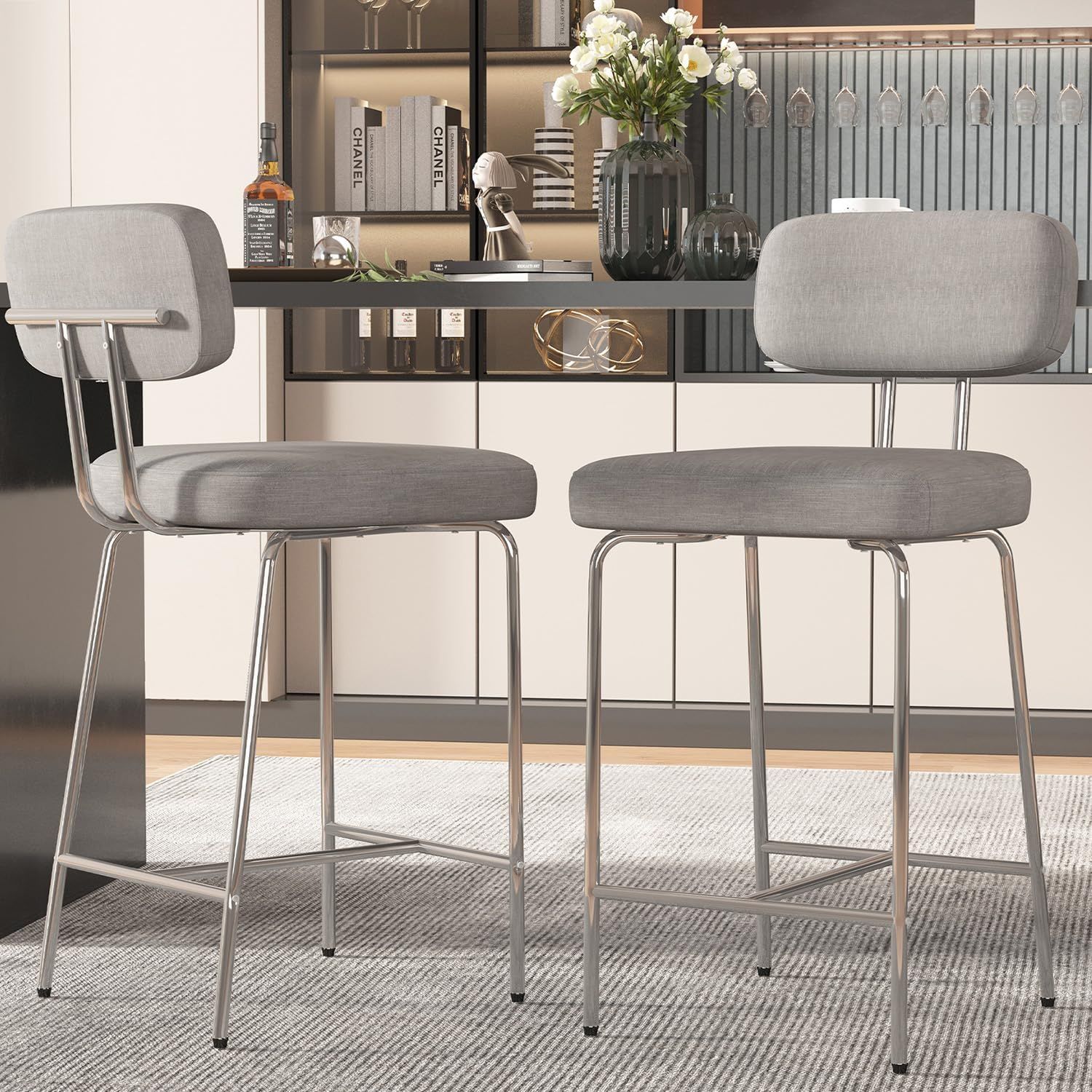 Gray Adjustable Metal and Leather Counter Height Bar Stools