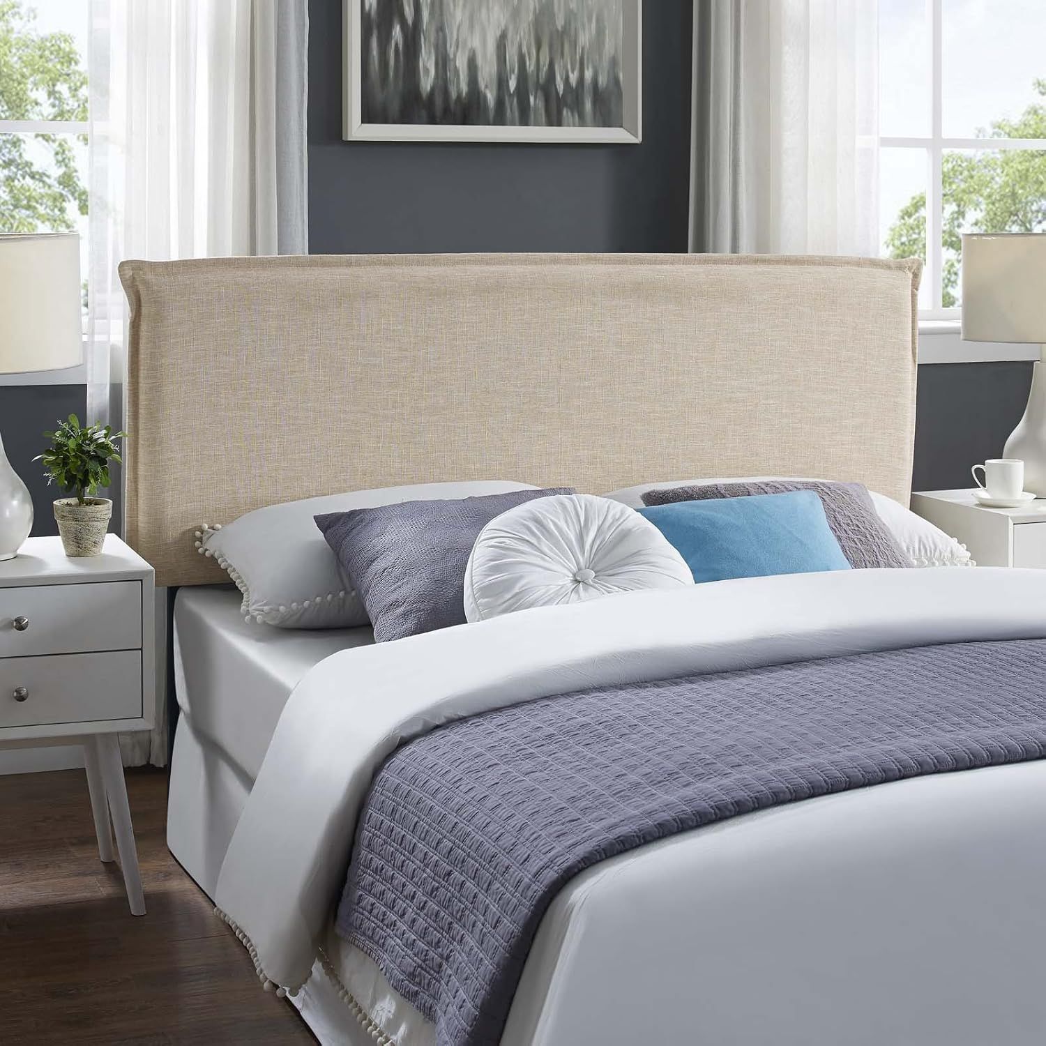 Beige Linen Upholstered Queen Headboard with French Piping