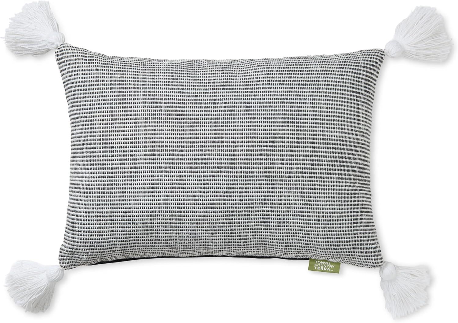 Black and Ivory Ribbed Texture Indoor/Outdoor Pillow with Tassels