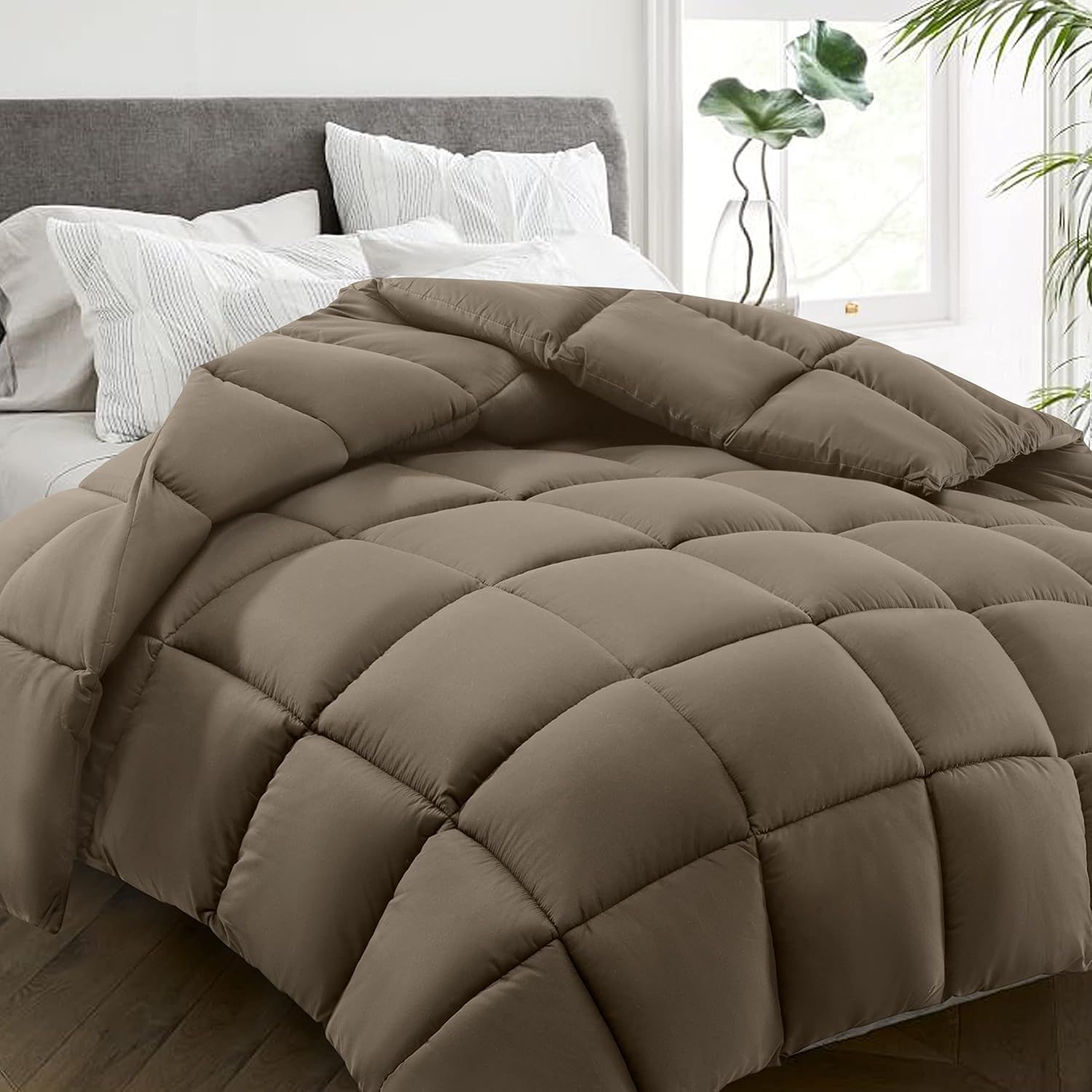 Queen Size Brown Down Alternative Comforter with Corner Tabs