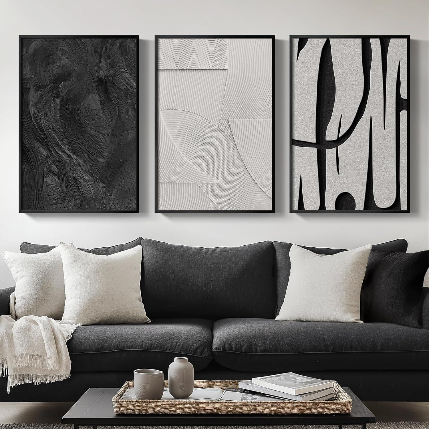 Black and White Abstract Canvas Art Set with Aluminum Frame