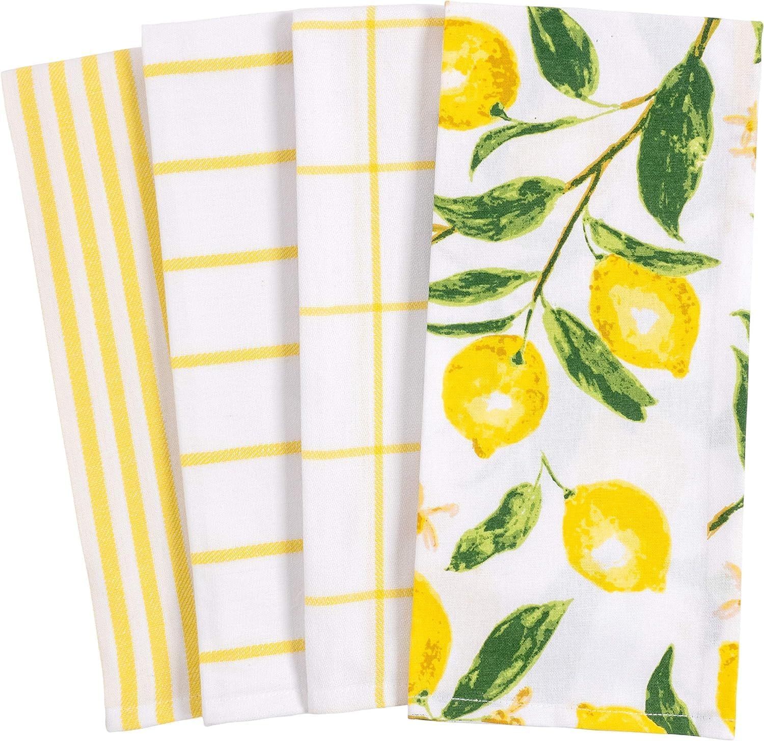 Lemon Print and Yellow Striped Cotton Kitchen Towel Set, 18 x 28-inch