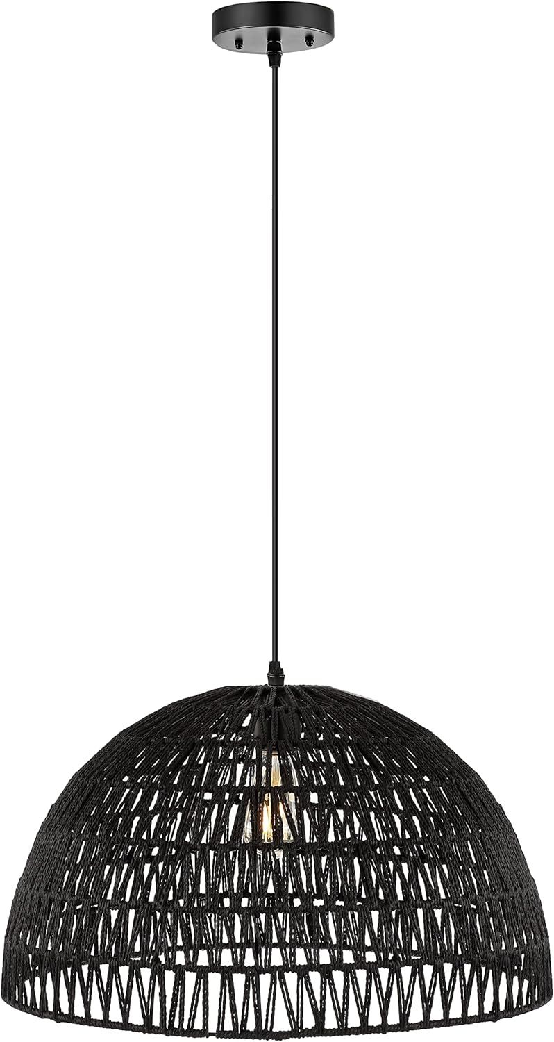 Bohemian Black Woven Rattan & Iron LED Dome Pendant 20"