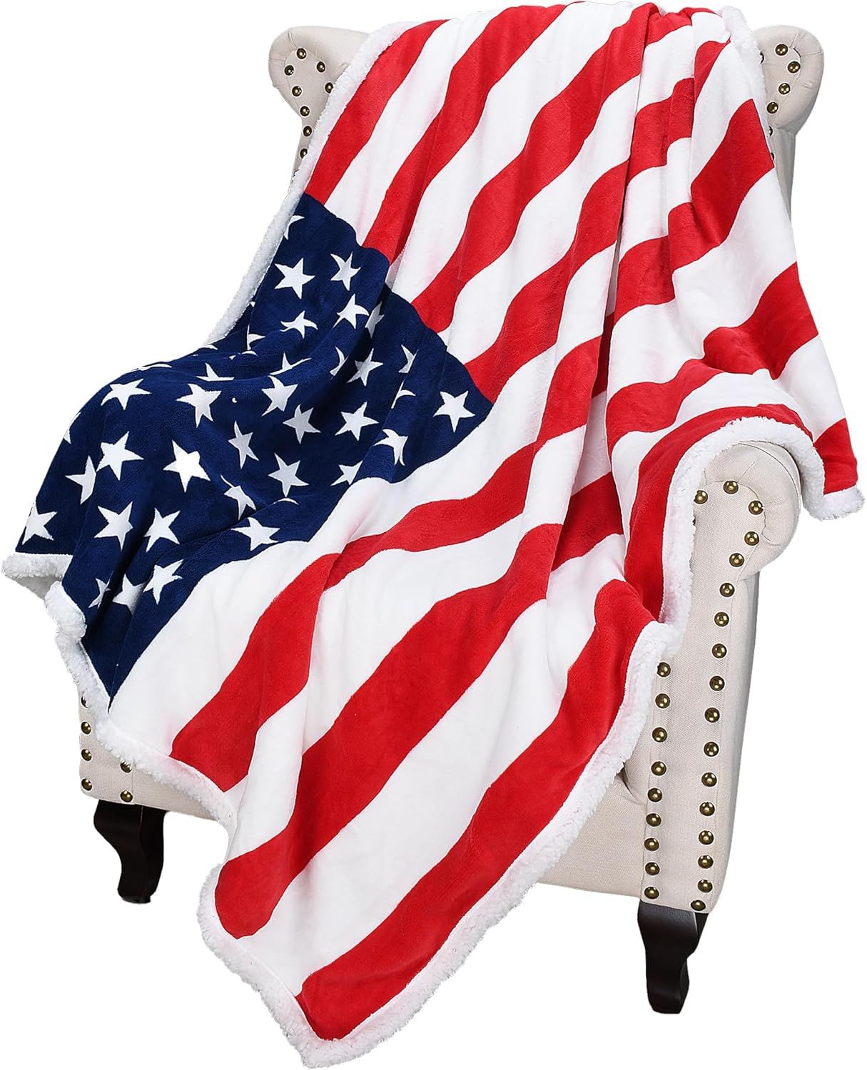 Patriotic Red White and Blue Sherpa Fleece Reversible Blanket