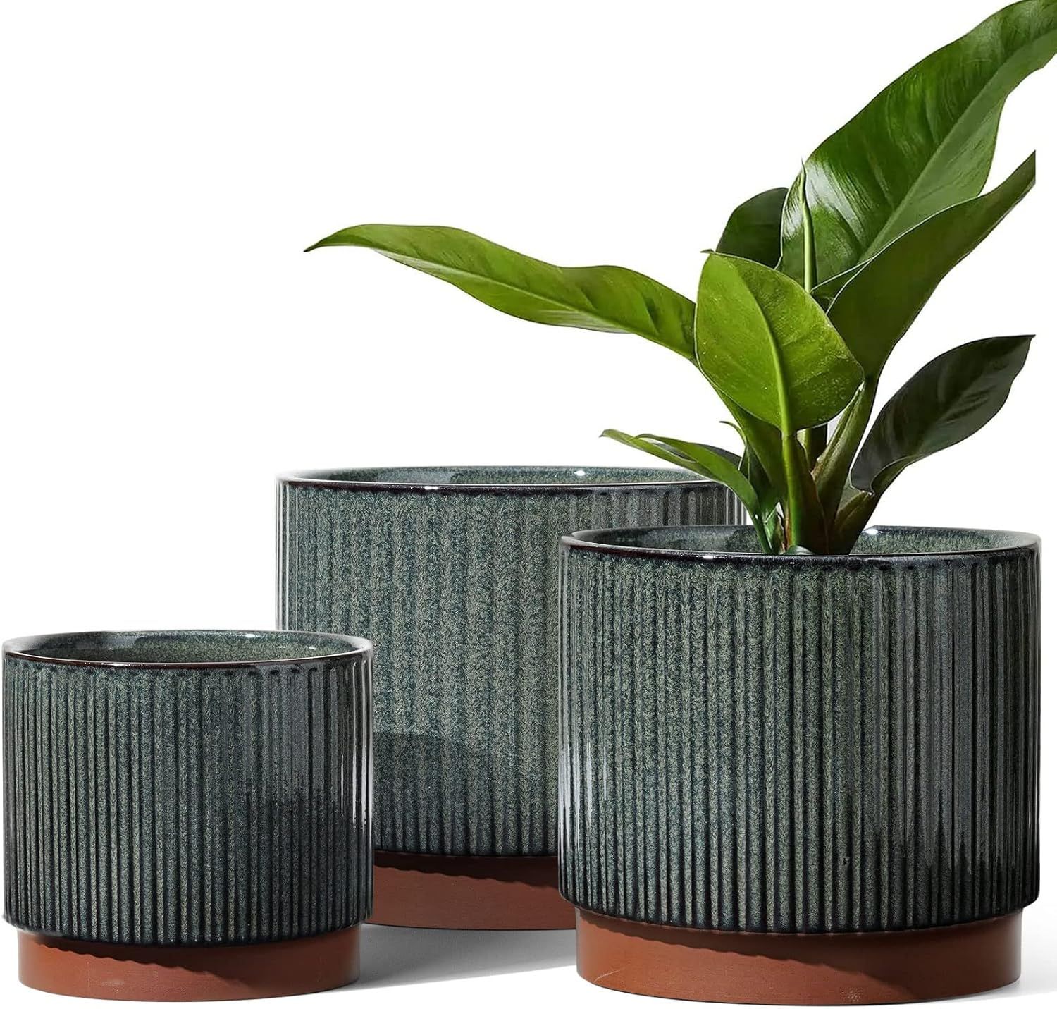 Reactive Glaze Black Ceramic Stripe Round Planter Set with Drainage Holes