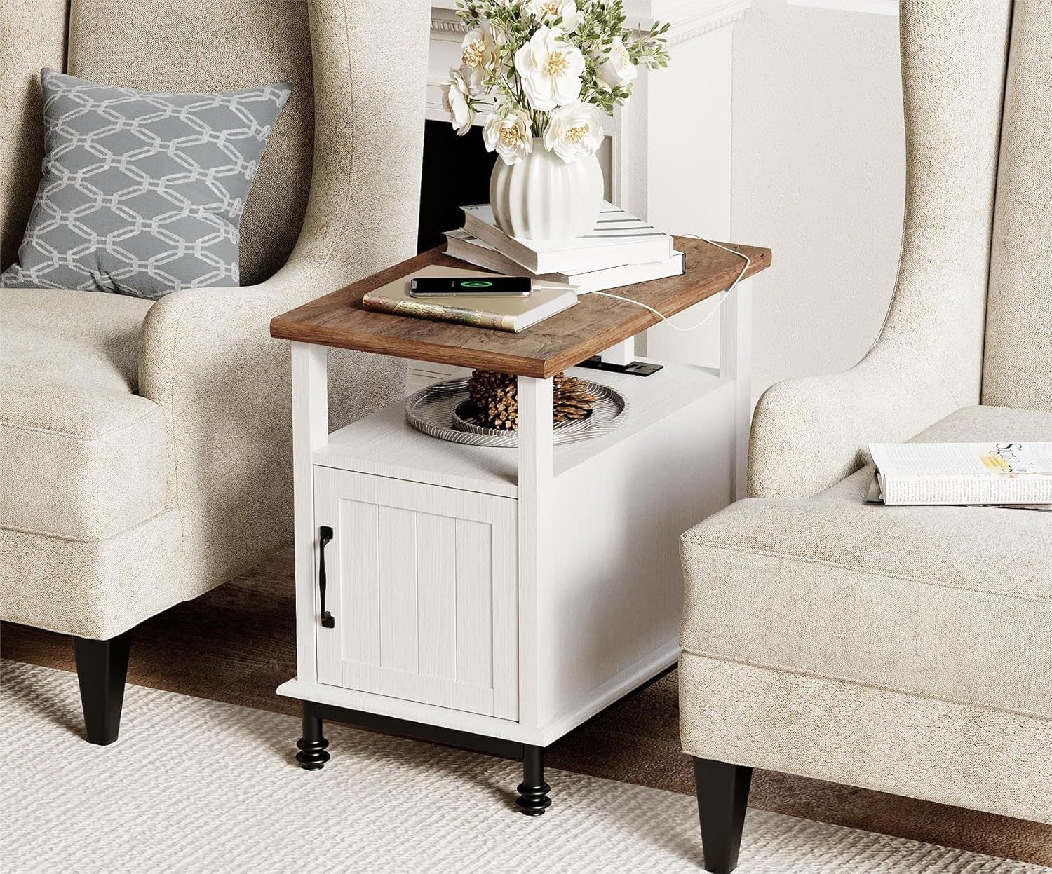 White and Brown Side Table with Charging Station and Storage Cabinet