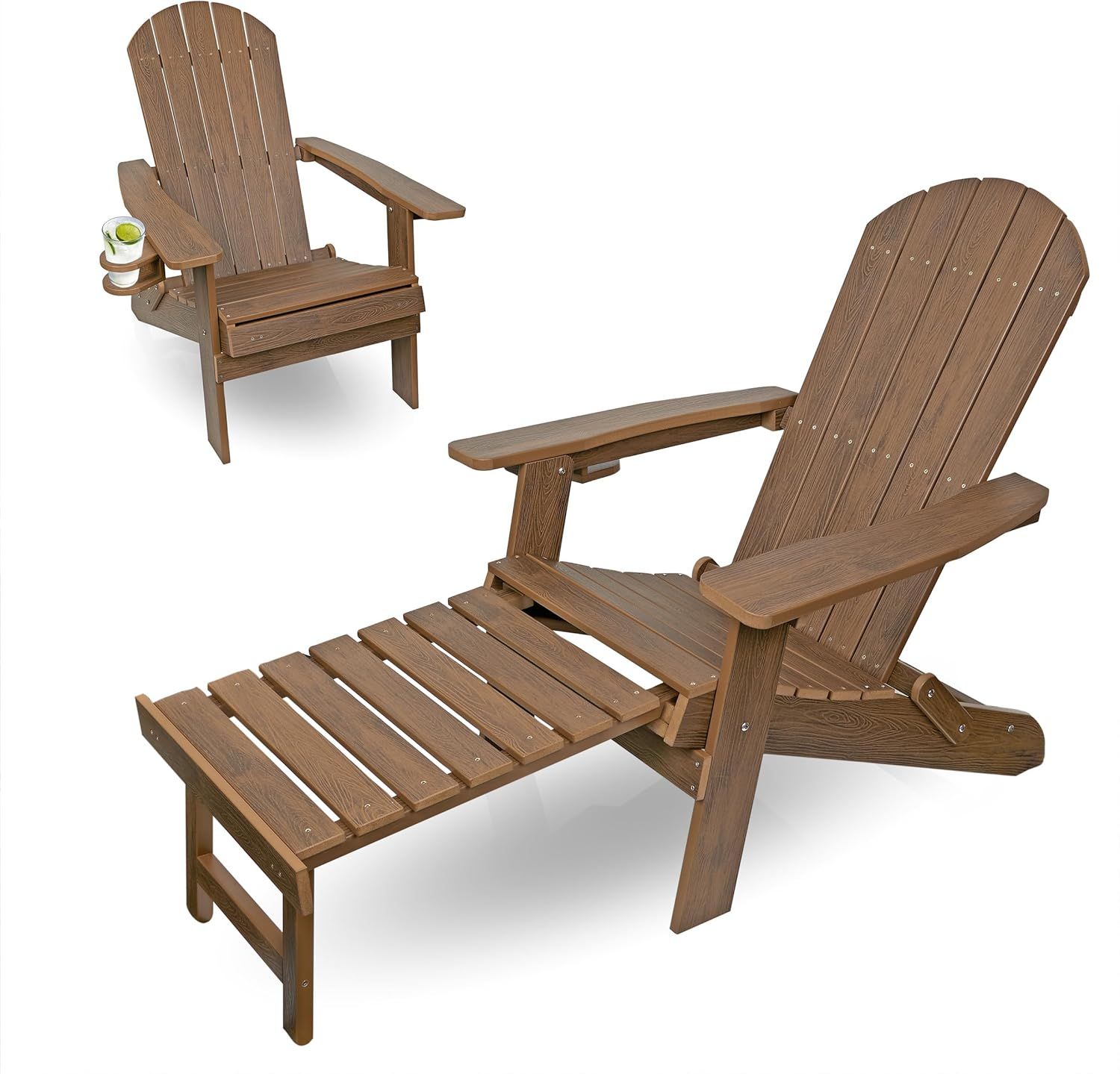 Teak Folding Adirondack Chair with Cup Holder and Ottoman