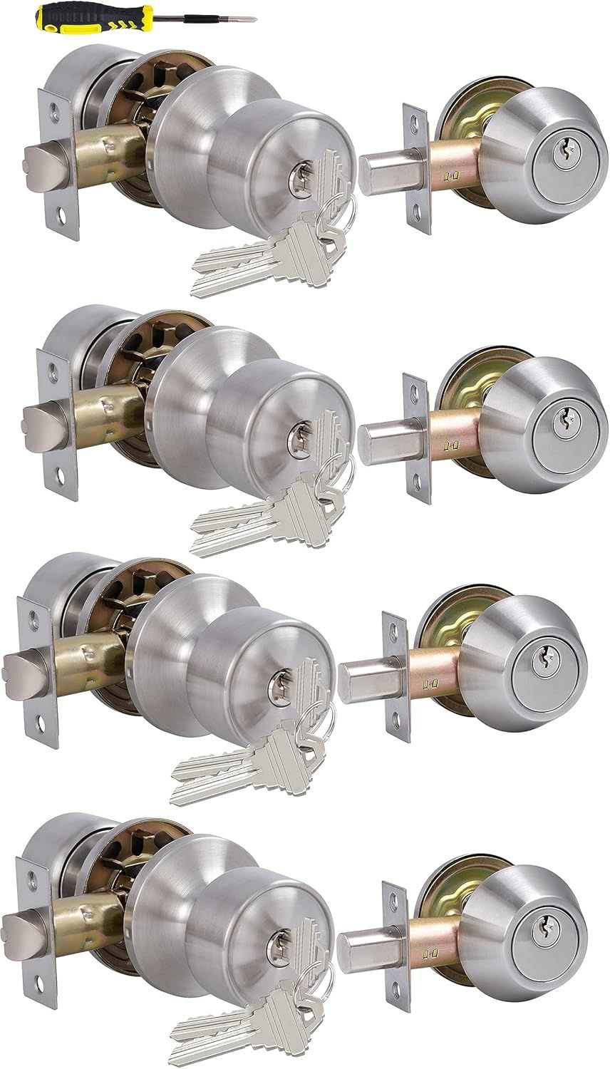 Satin Nickel Keyed Alike Entry Door Knobs and Deadbolts Set