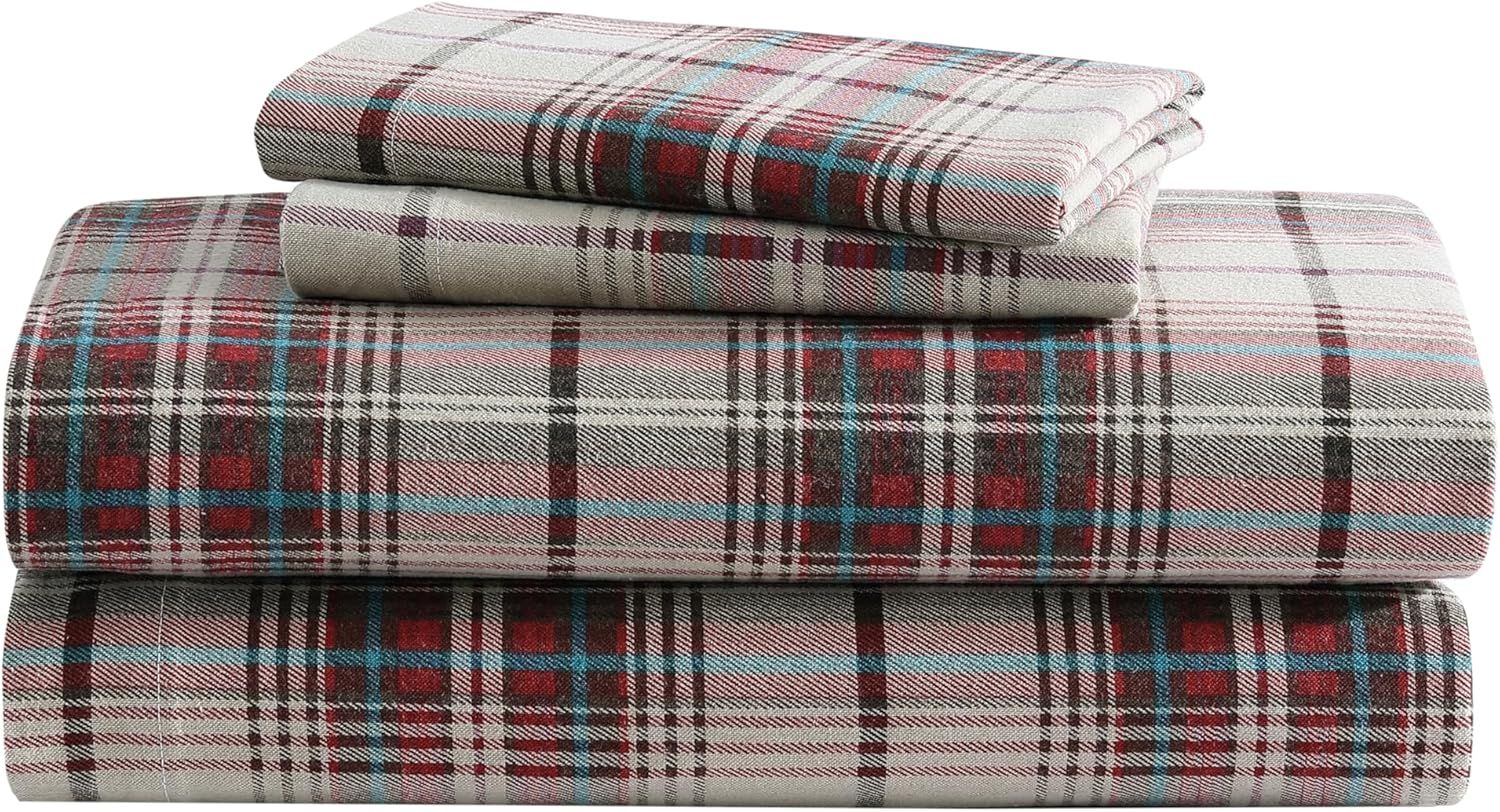 Queen Red and Gray Cotton Flannel Plaid Bedding Set