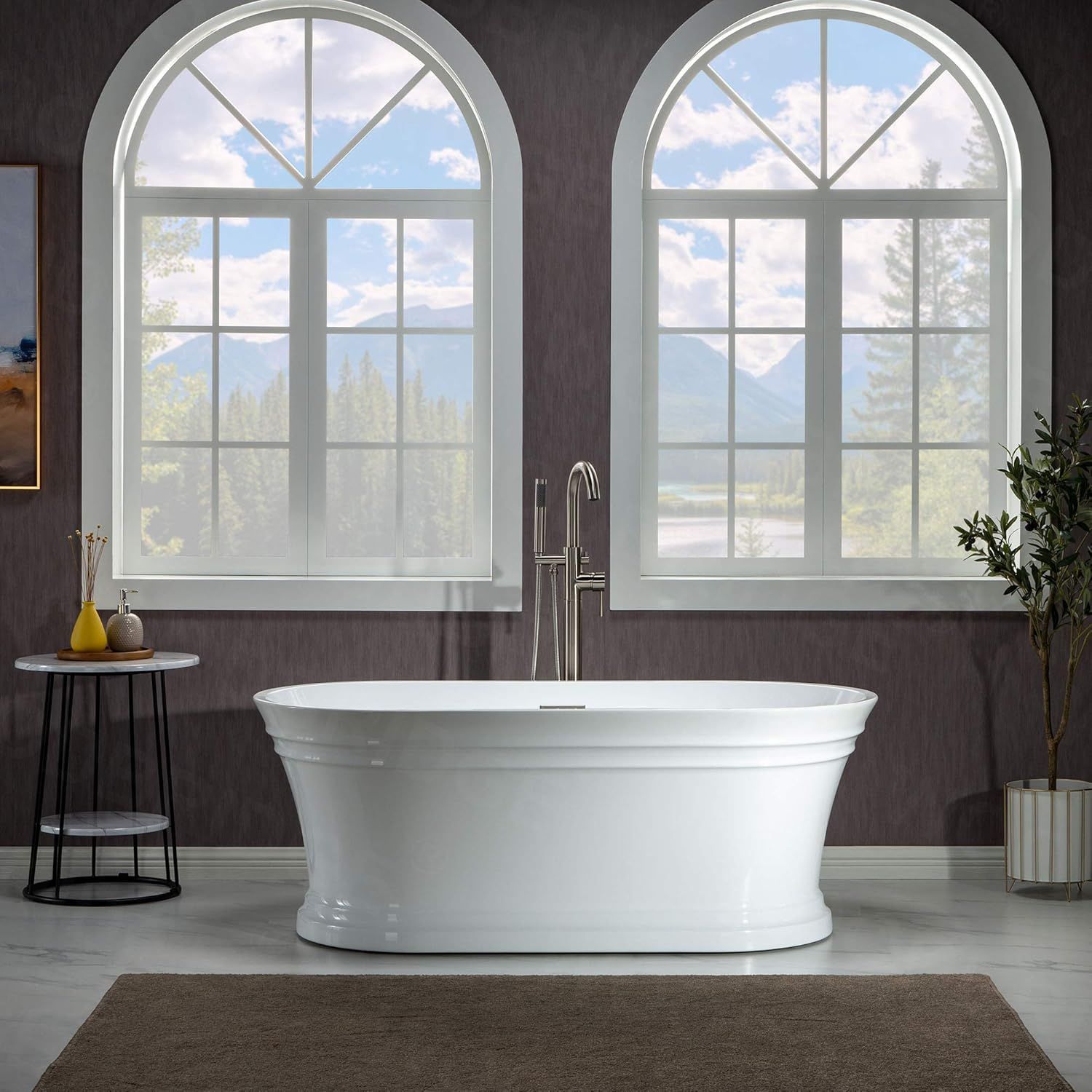 Woodbridge 59'' Freestanding White Acrylic Soaking Bathtub with Brushed Nickel Drain