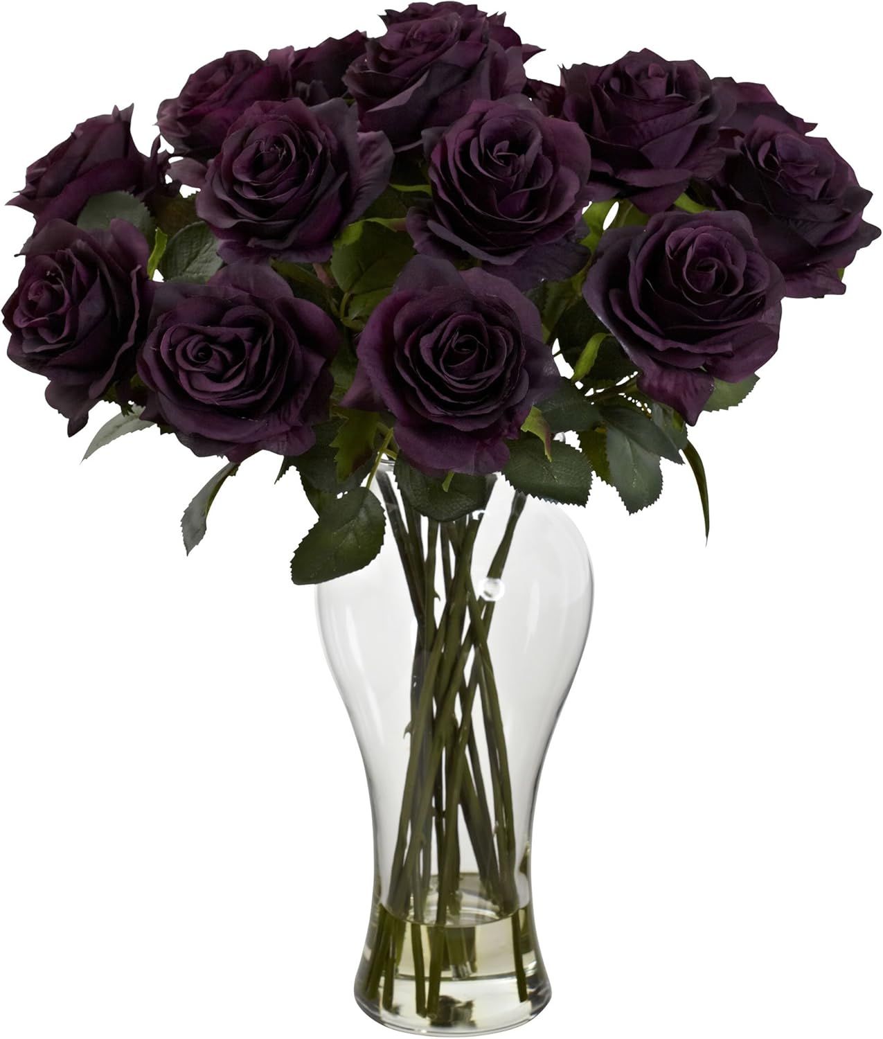 Elegant Purple Faux Roses in Clear Glass Vase