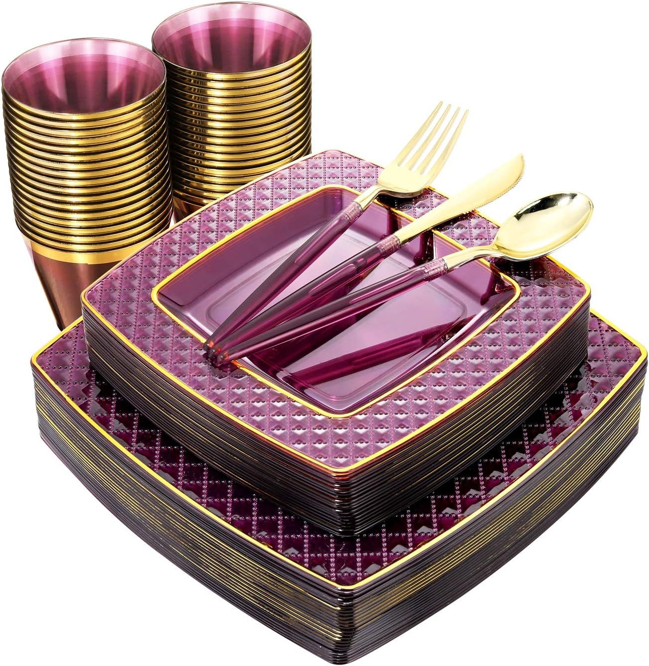 Elegant Purple and Gold Disposable Plastic Dinnerware Set