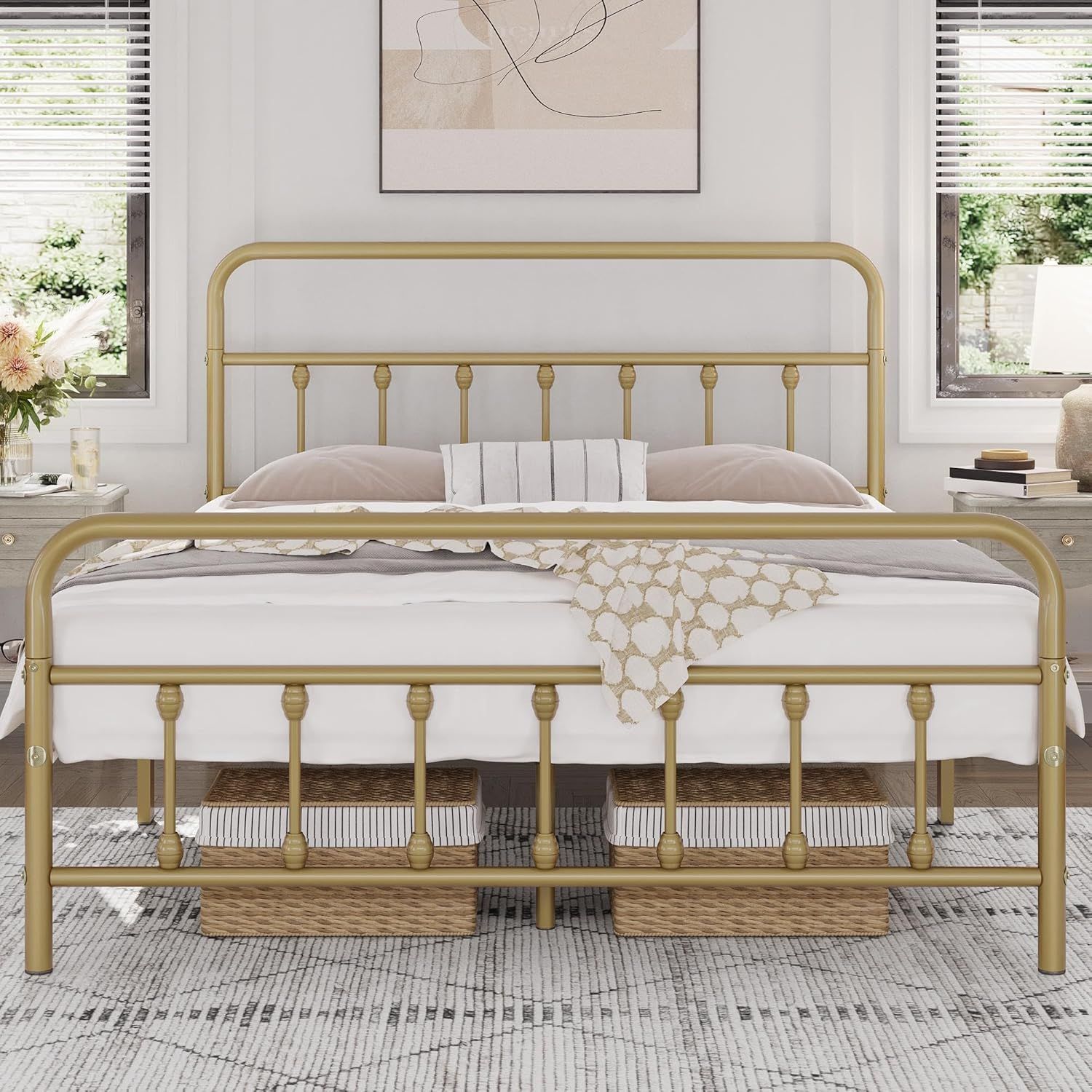 Antique Gold Full Metal Platform Bed with Headboard and Footboard