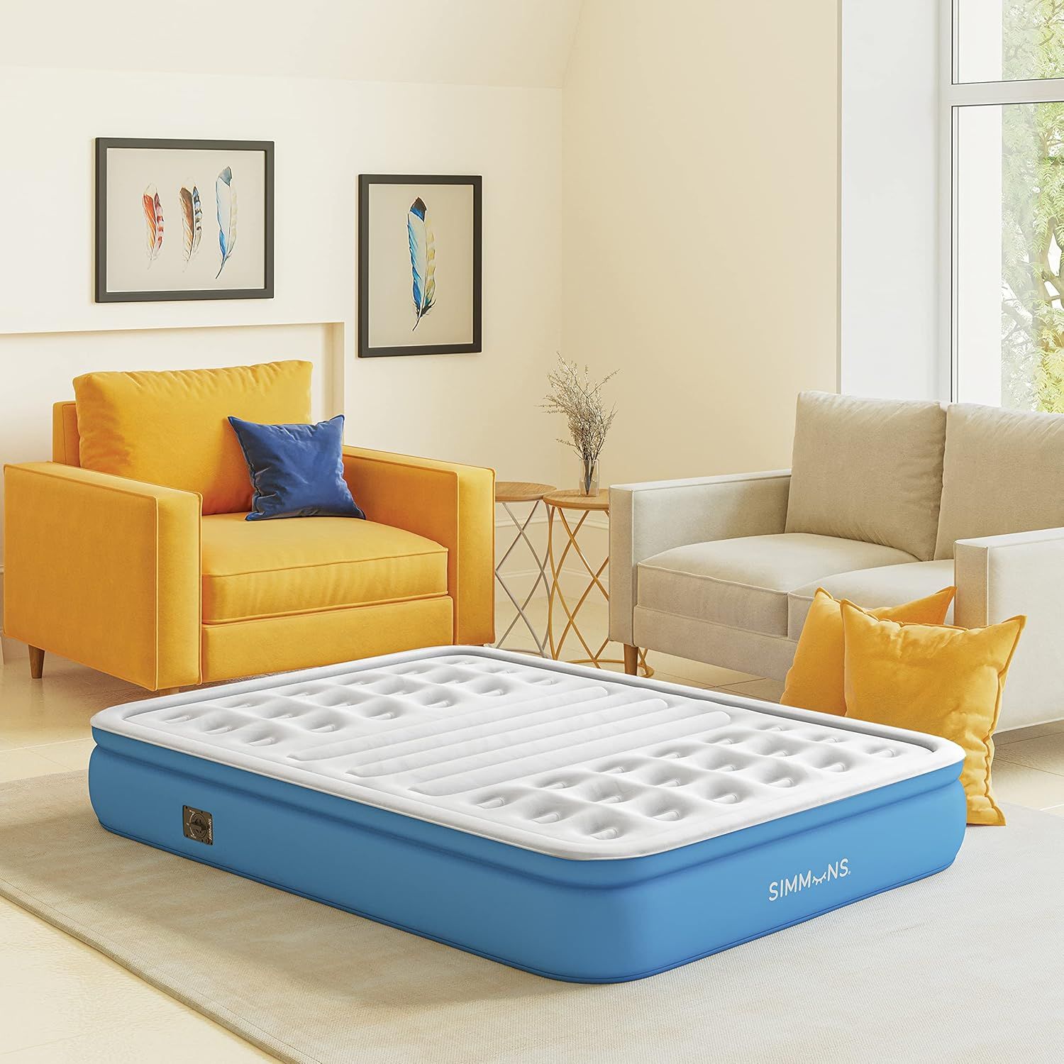 Queen White and Blue Raised Air Mattress with Built-in Pump