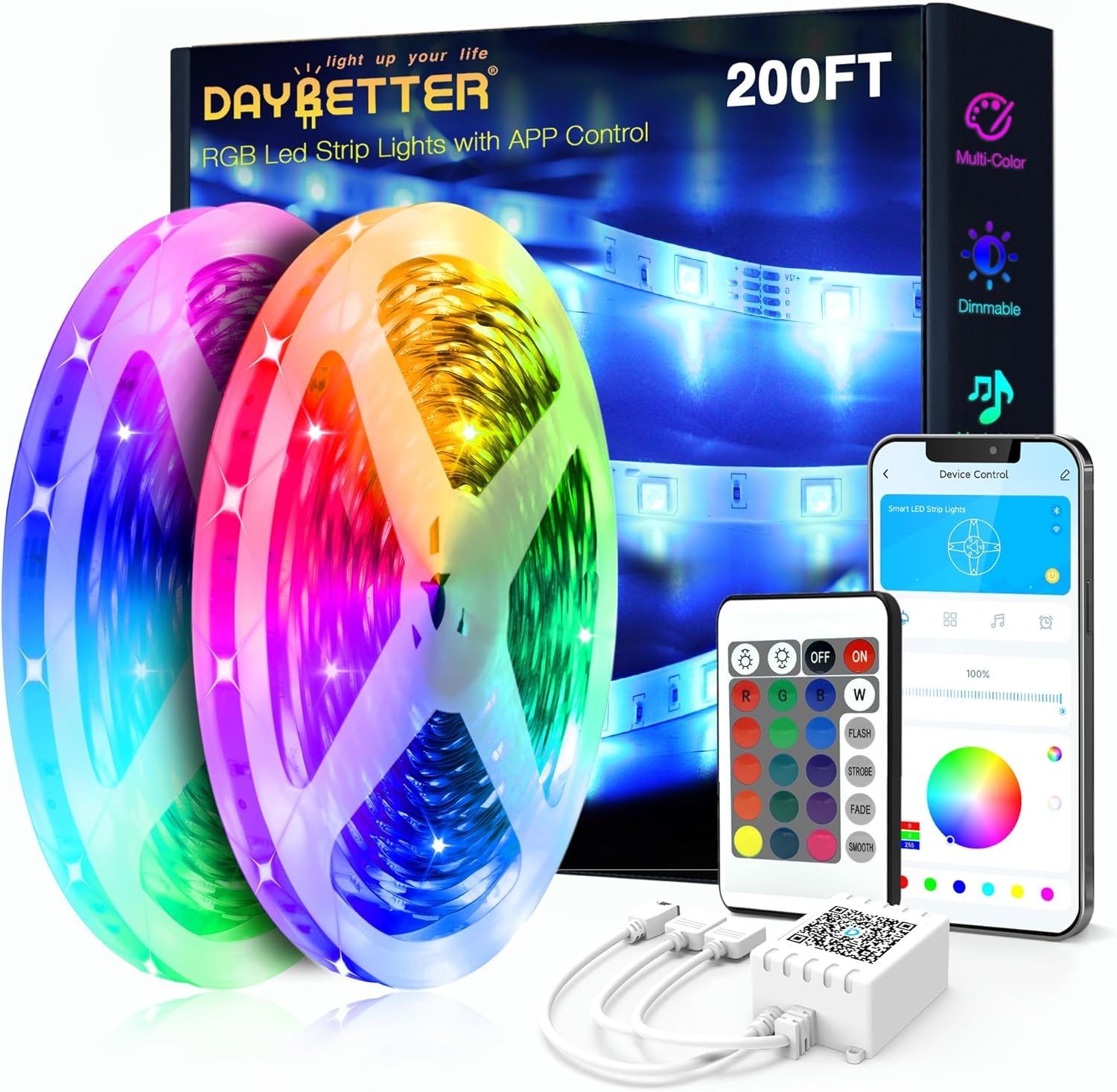 200ft Color-Changing RGB LED Strip Lights with Remote and App Control