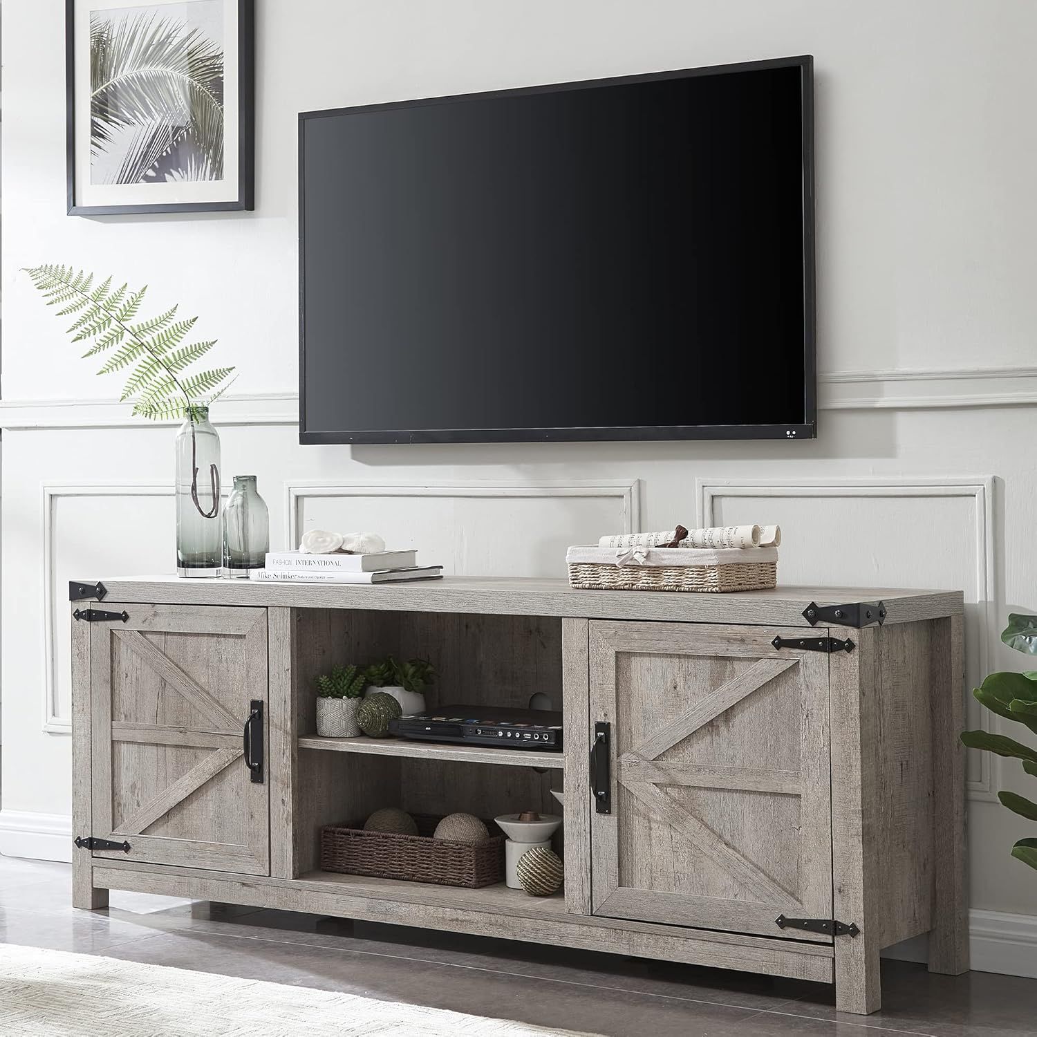 Gray Farmhouse TV Stand with Barn Doors and Cabinets for 75" TVs